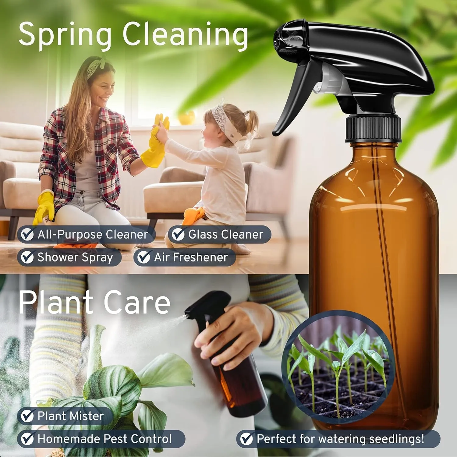 Amber Glass Spray Bottles 2 Pack, 16 Oz Refillable Empty Spray Bottle for Cleaning, Essential Oils, Hair, Plants, Adjustable Nozzle for Squirt and Mist, Bleach/Vinegar/Rubbing Alcohol Safe