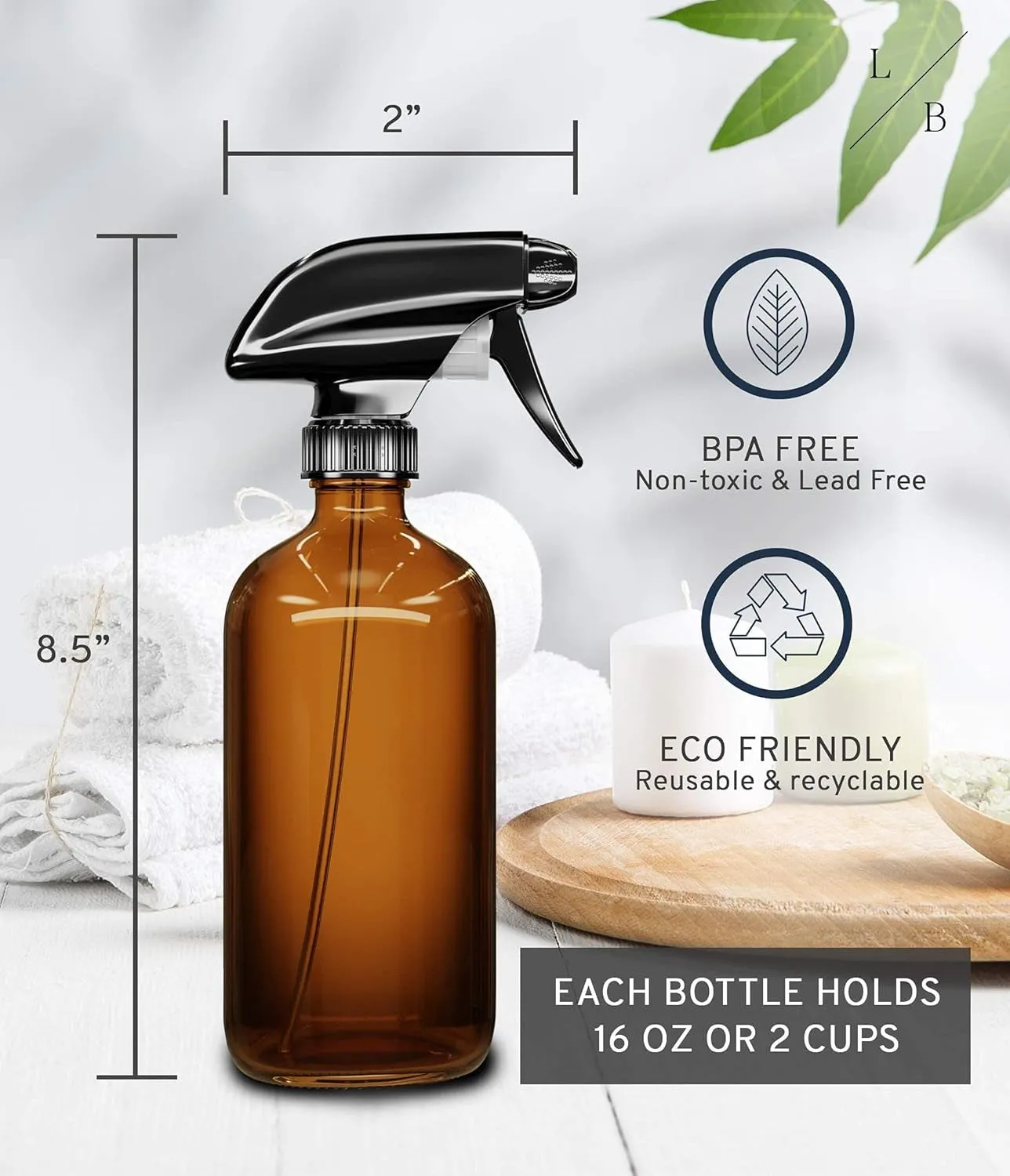 Amber Glass Spray Bottles 2 Pack, 16 Oz Refillable Empty Spray Bottle for Cleaning, Essential Oils, Hair, Plants, Adjustable Nozzle for Squirt and Mist, Bleach/Vinegar/Rubbing Alcohol Safe