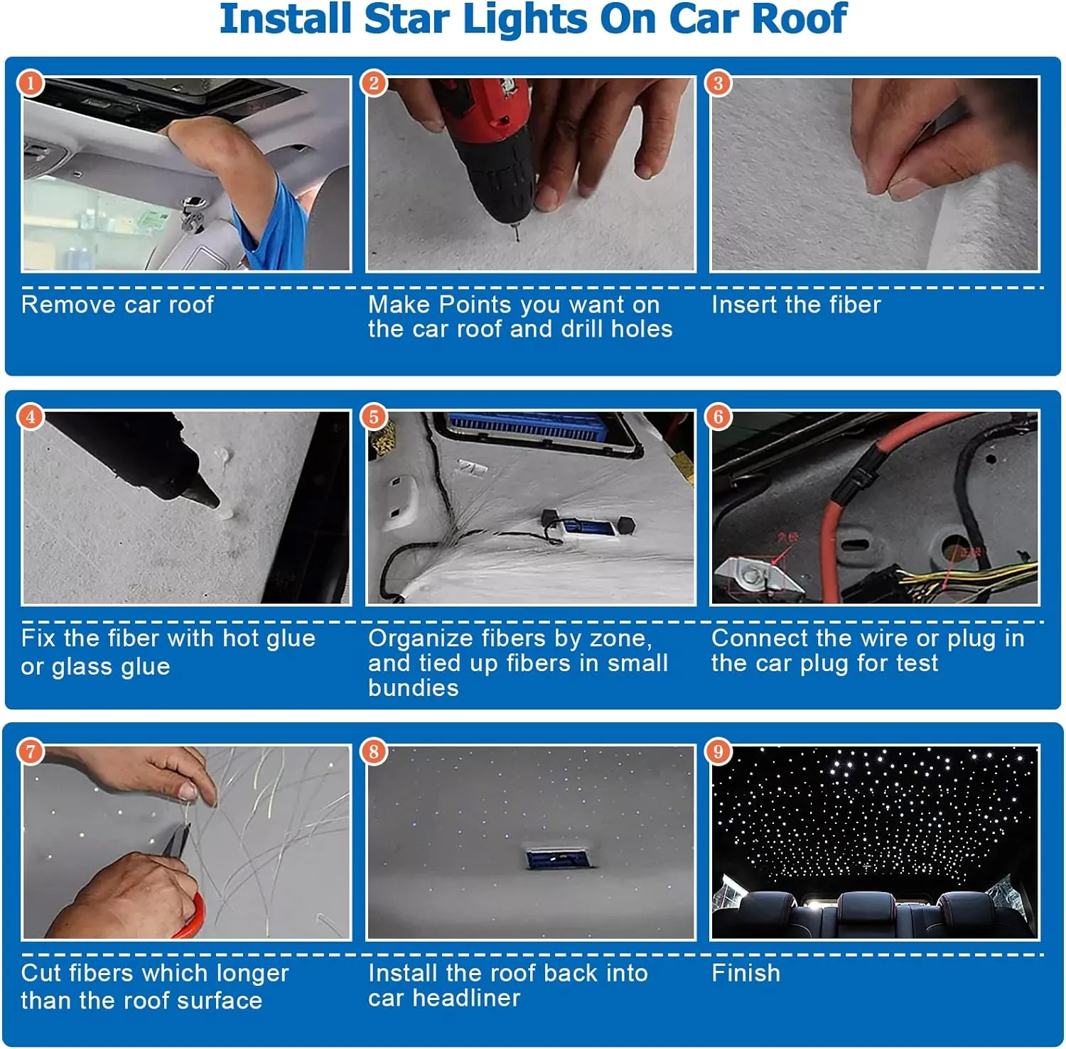 AMKI Updated 16W RGBW Fiber Optic Light Twinkle Sound Activated Mixed 460pcs 9.8ft Cables APP Remote Music Control Car Home Starlight Headliner Star Ceiling Light Kit 0.03in 0.04in 0.06in Strands