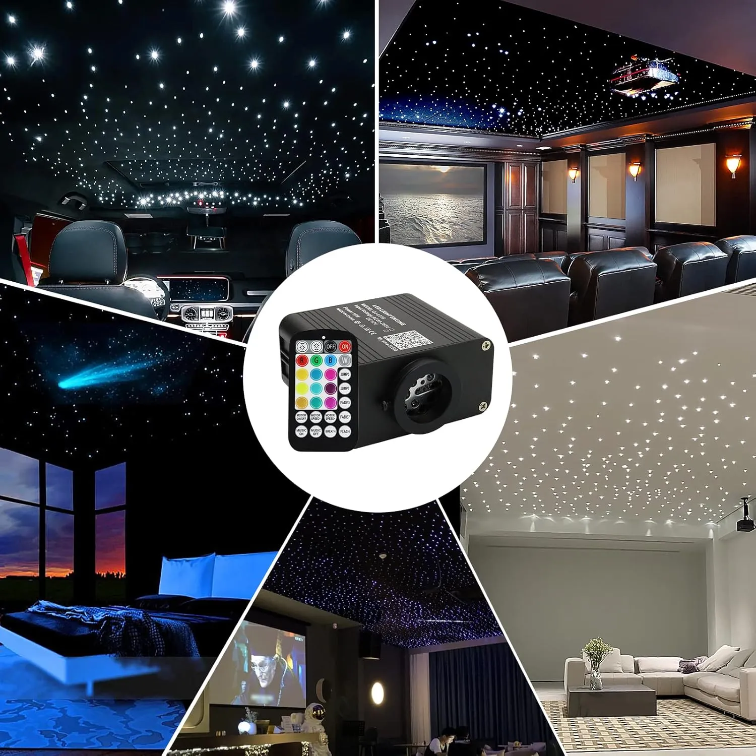AMKI Updated 16W RGBW Fiber Optic Light Twinkle Sound Activated Mixed 460pcs 9.8ft Cables APP Remote Music Control Car Home Starlight Headliner Star Ceiling Light Kit 0.03in 0.04in 0.06in Strands