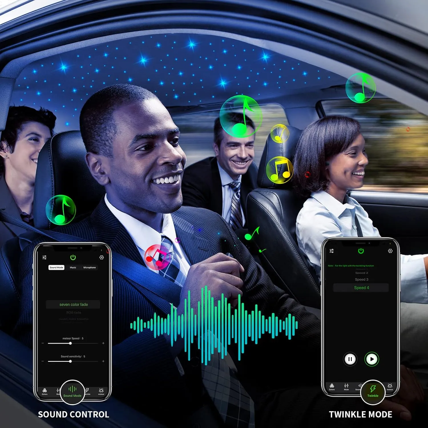AMKI Updated 16W RGBW Fiber Optic Light Twinkle Sound Activated Mixed 460pcs 9.8ft Cables APP Remote Music Control Car Home Starlight Headliner Star Ceiling Light Kit 0.03in 0.04in 0.06in Strands