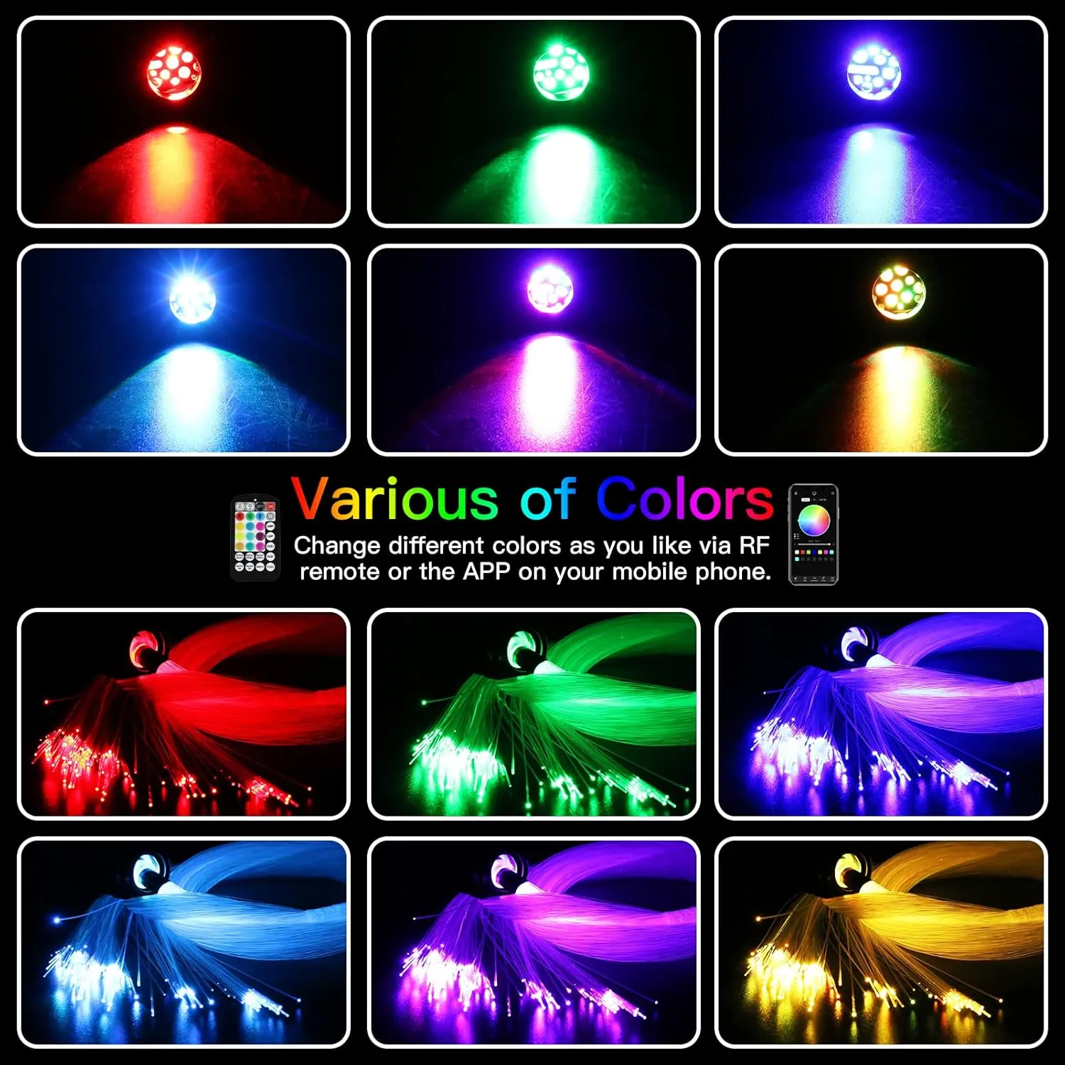 AMKI Updated 16W RGBW Fiber Optic Light Twinkle Sound Activated Mixed 460pcs 9.8ft Cables APP Remote Music Control Car Home Starlight Headliner Star Ceiling Light Kit 0.03in 0.04in 0.06in Strands