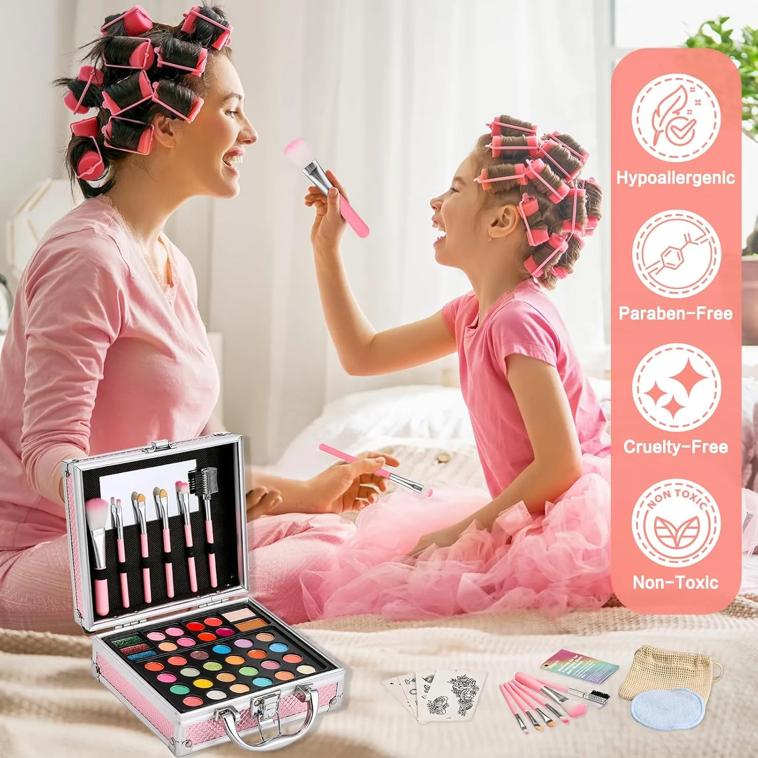 Anpro All-In-One Makeup Carry Case with Pro Teen Makeup Set, Full Starter Cosmetics Kit with Makeup Brushes, Eye Shadows Palette, Blushes, Glitter Gel, Temporary Tattoo Stickers - Blue, Style04