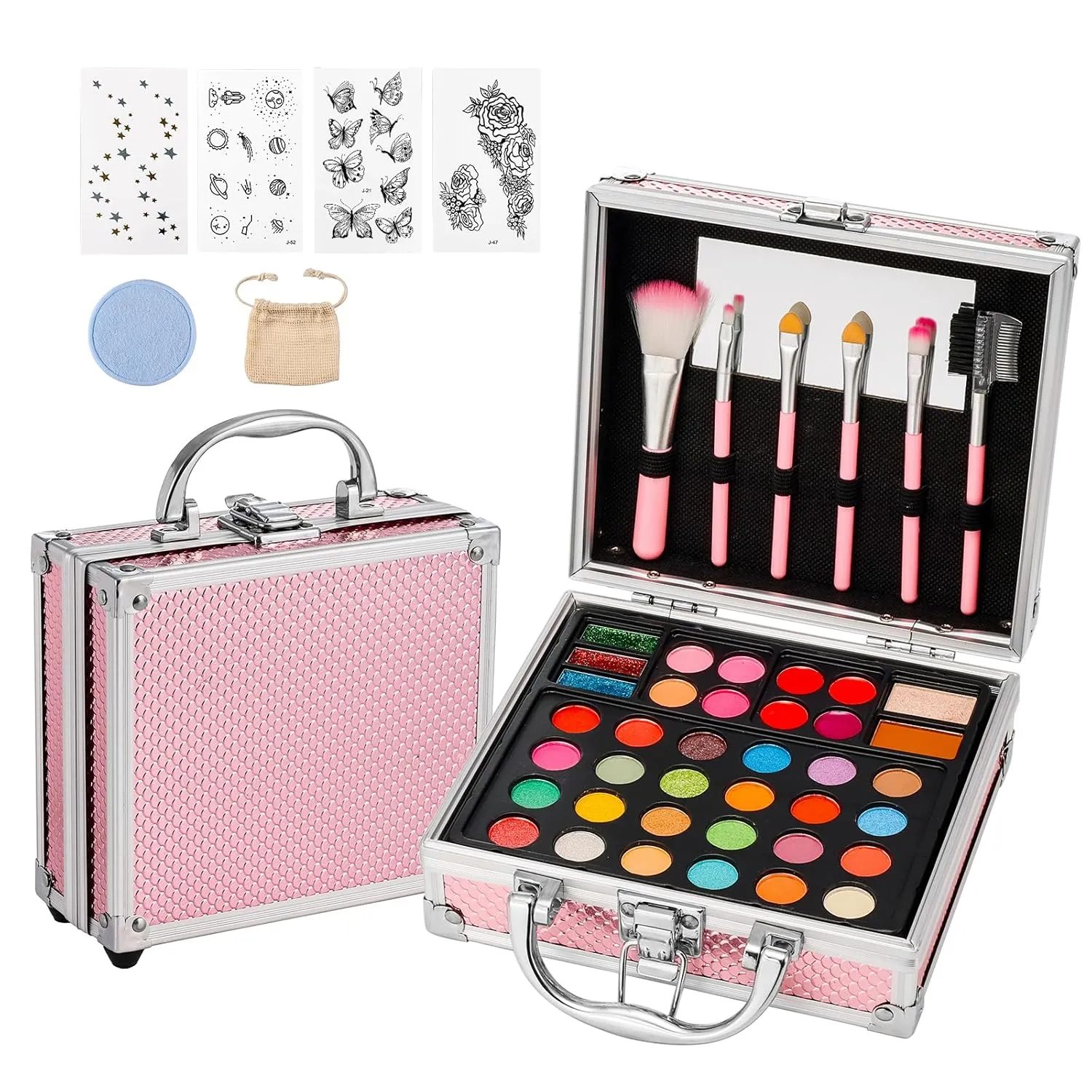 Anpro All-In-One Makeup Carry Case with Pro Teen Makeup Set, Full Starter Cosmetics Kit with Makeup Brushes, Eye Shadows Palette, Blushes, Glitter Gel, Temporary Tattoo Stickers - Blue, Style04