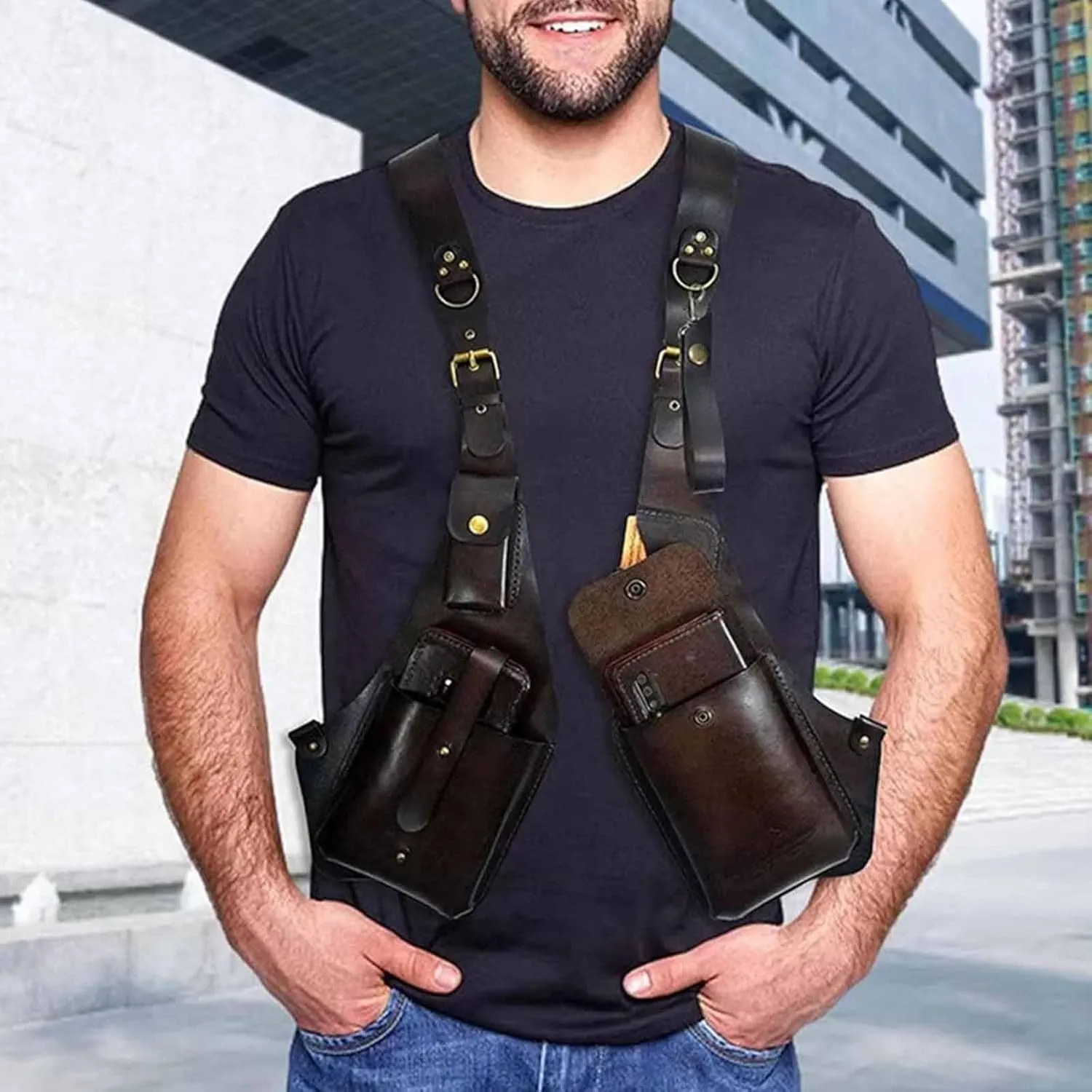 Anti-Theft Bag With Shoulder Harness, Anti Theft Harness Wallet for Men, Mens Leather Harness (Red)