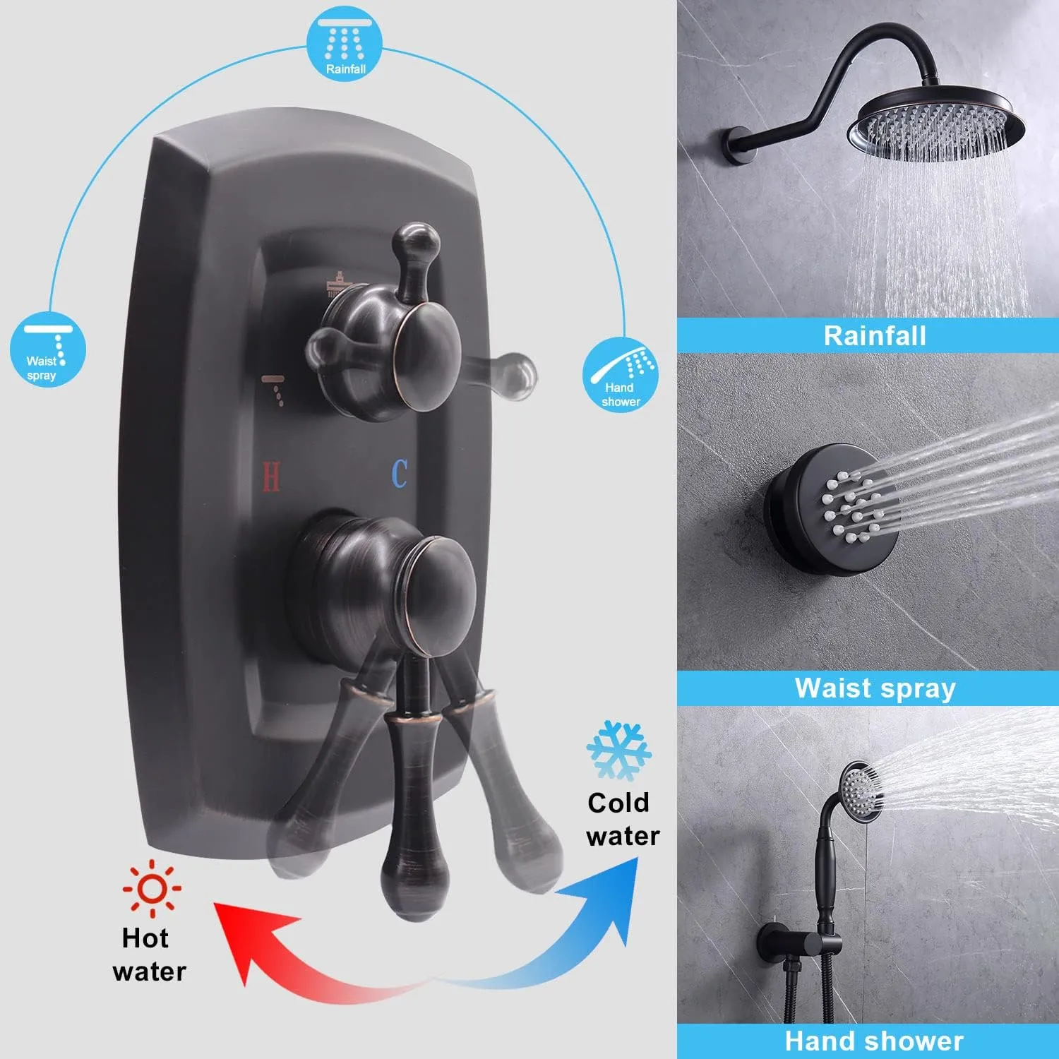 Antique 3 Way Function Shower Diverter Valve Matte Black Brass Concealed Faucet Mixer Valve Modern 2 Handles Style Rough-in Shower Valve Trim Kit