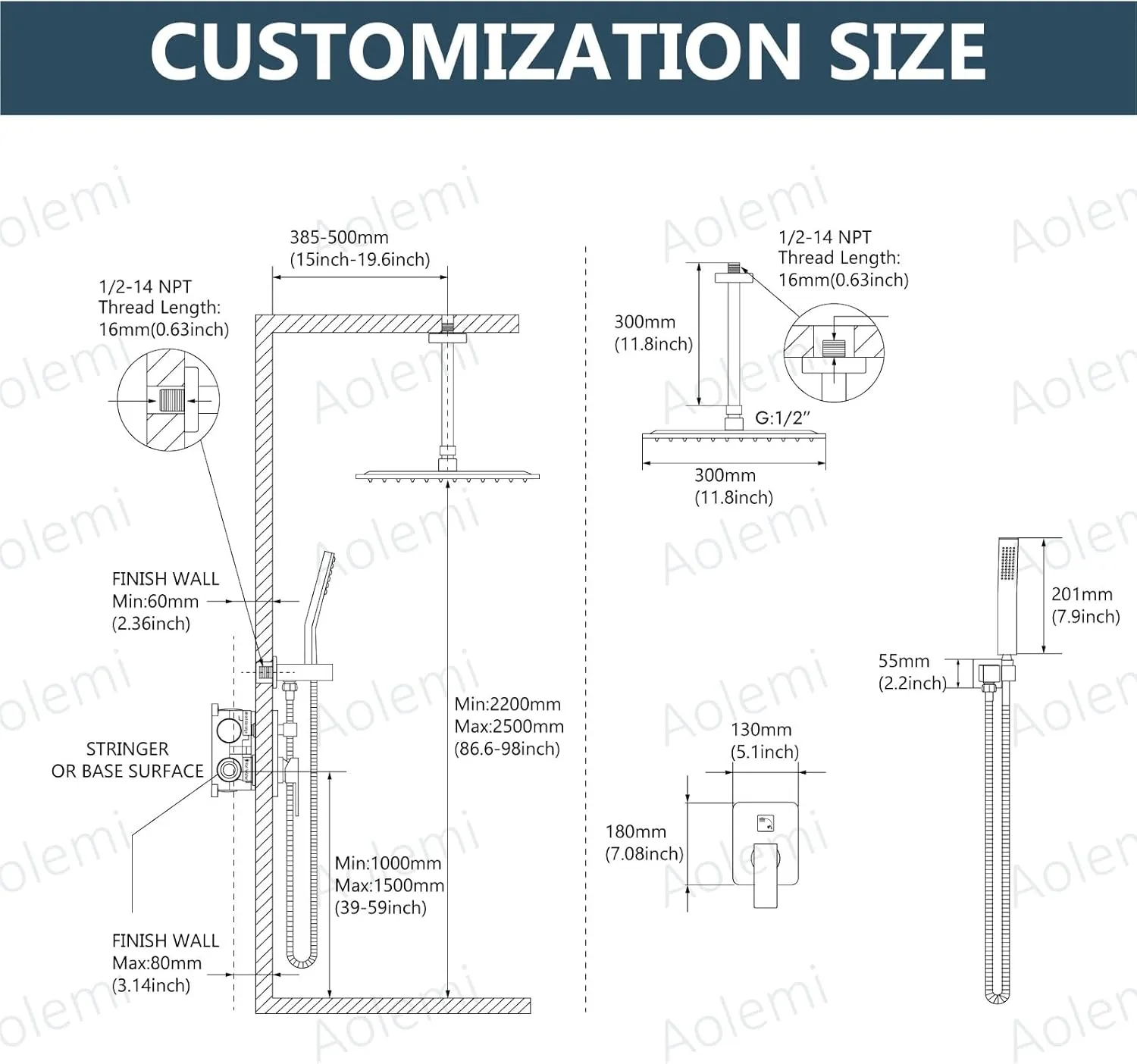 Aolemi Ceiling Mount Shower Faucet Set with Handheld Spray High Pressure Shower Faucets Sets Complete Rough-in Valve and Shower Trim Kit System Included Rainfall Matte Black 12 Inch LED Shower Head