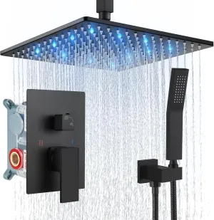Aolemi Ceiling Mount Shower Faucet Set with Handheld Spray High Pressure Shower Faucets Sets Complete Rough-in Valve and Shower Trim Kit System Included Rainfall Matte Black 12 Inch LED Shower Head