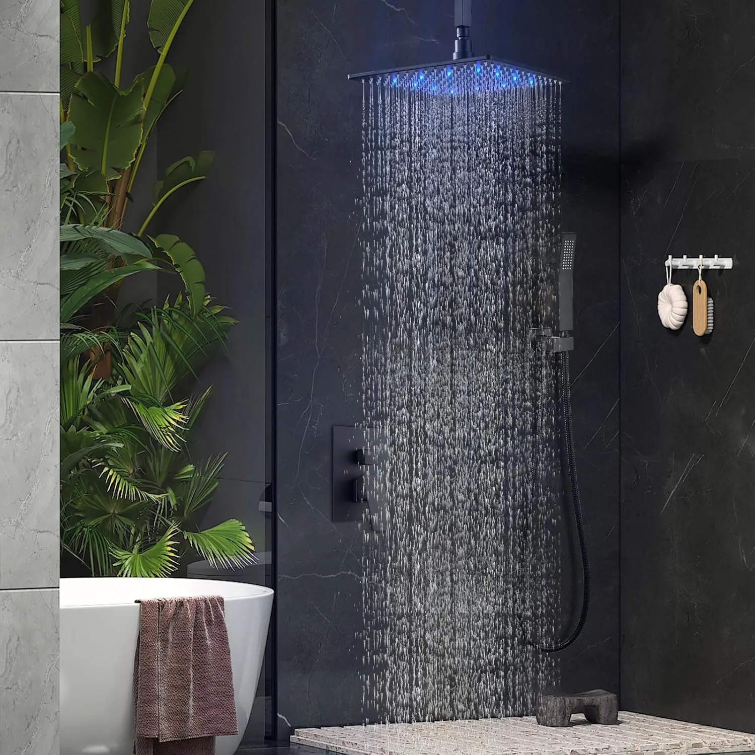 Aolemi Ceiling Mount Shower Faucet Set with Handheld Spray High Pressure Shower Faucets Sets Complete Rough-in Valve and Shower Trim Kit System Included Rainfall Matte Black 12 Inch LED Shower Head