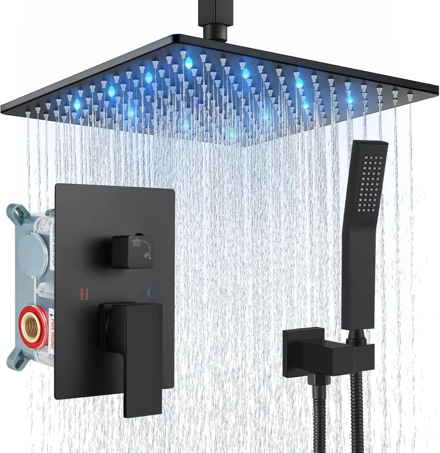Aolemi Ceiling Mount Shower Faucet Set with Handheld Spray High Pressure Shower Faucets Sets Complete Rough-in Valve and Shower Trim Kit System Included Rainfall Matte Black 12 Inch LED Shower Head
