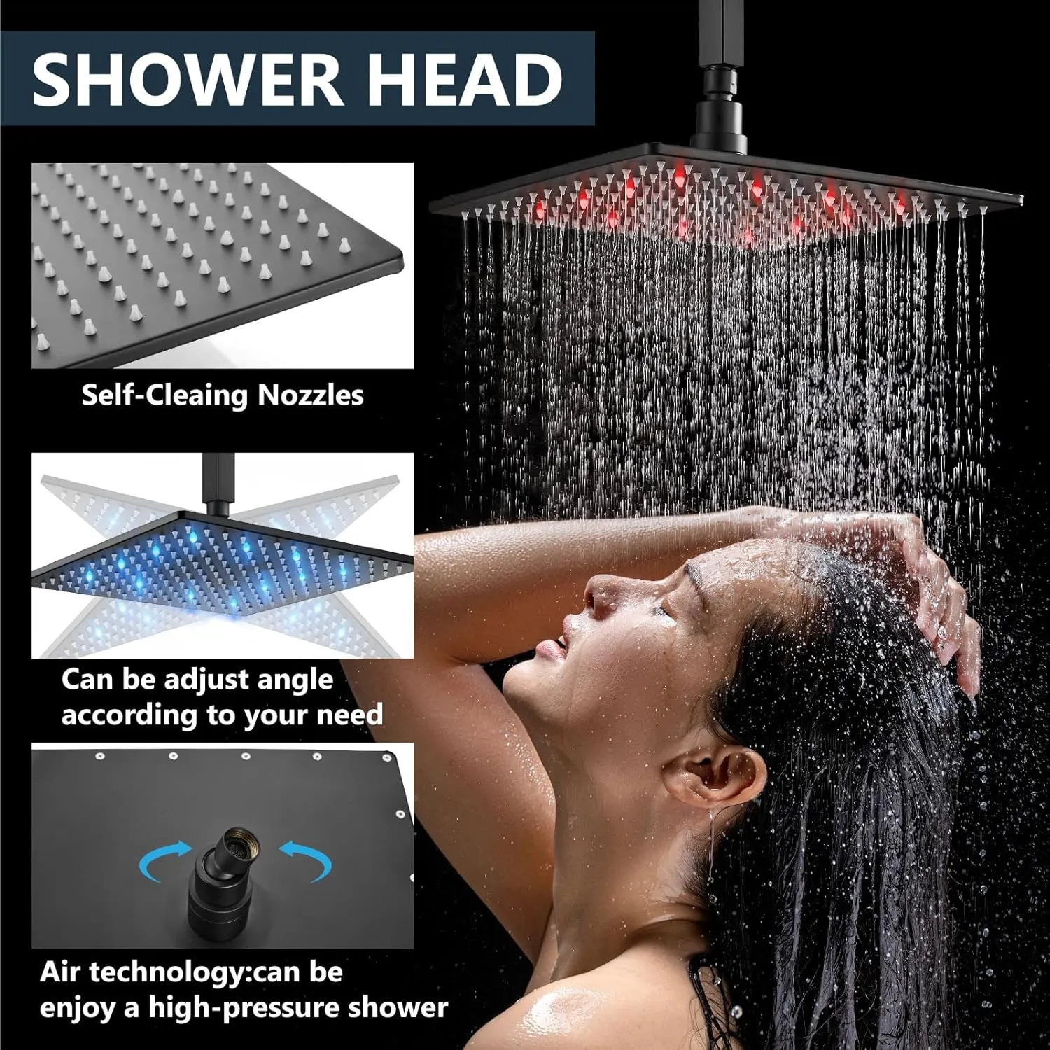 Aolemi Ceiling Mount Shower Faucet Set with Handheld Spray High Pressure Shower Faucets Sets Complete Rough-in Valve and Shower Trim Kit System Included Rainfall Matte Black 12 Inch LED Shower Head