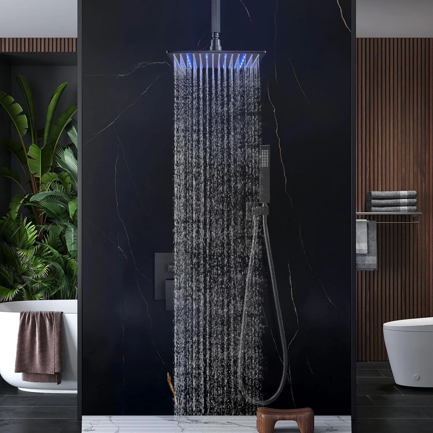 Aolemi Ceiling Mount Shower Faucet Set with Handheld Spray High Pressure Shower Faucets Sets Complete Rough-in Valve and Shower Trim Kit System Included Rainfall Matte Black 12 Inch LED Shower Head