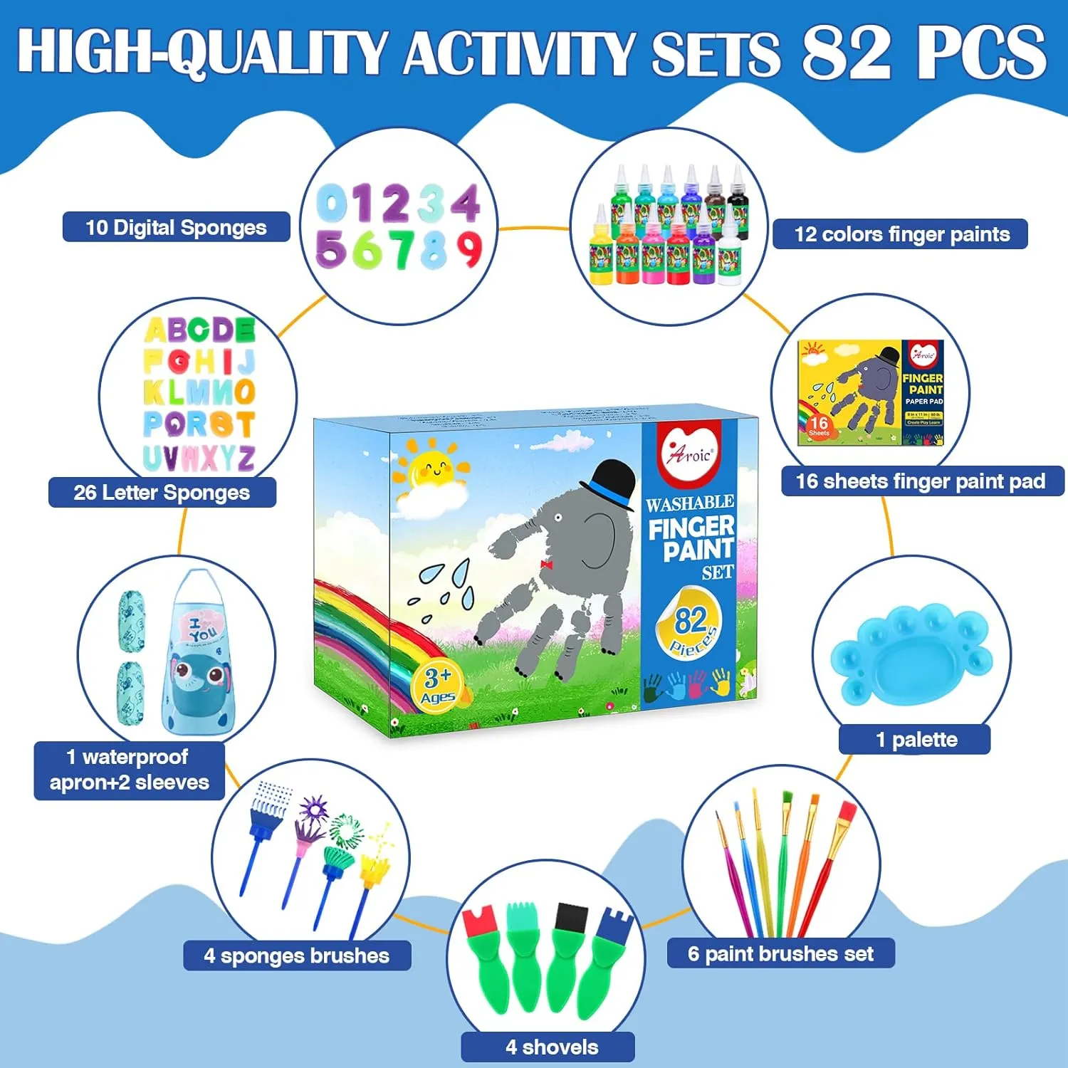 AROIC Washable Finger Paint Set, 82 Pack Washable Kids Paint Set with 12 Color Finger Paints, Sponges, Paint Brushes, Waterproof Paint Apron, Palette Paper for Toddler, Drawing Gifts Age 3 