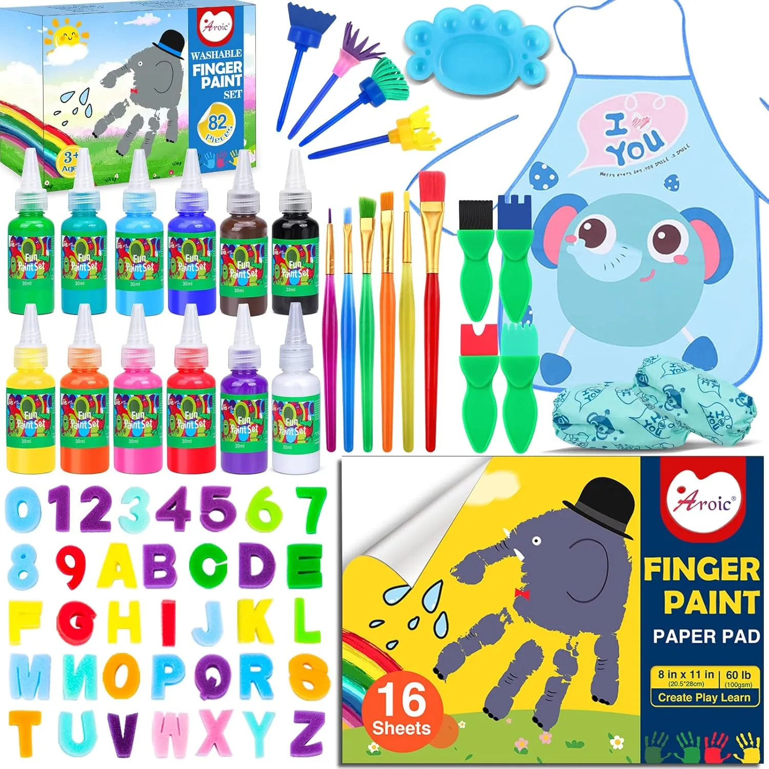 AROIC Washable Finger Paint Set, 82 Pack Washable Kids Paint Set with 12 Color Finger Paints, Sponges, Paint Brushes, Waterproof Paint Apron, Palette Paper for Toddler, Drawing Gifts Age 3 