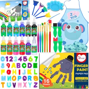 AROIC Washable Finger Paint Set, 82 Pack Washable Kids Paint Set with 12 Color Finger Paints, Sponges, Paint Brushes, Waterproof Paint Apron, Palette Paper for Toddler, Drawing Gifts Age 3 