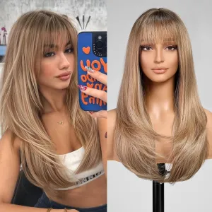 Ash Blonde Long Layered Wig with Bangs,Straight Hair Wigs for Women,Synthetic Heat Resistant Natural Looking Hair Wig for Party Cosplay Dality Use…
