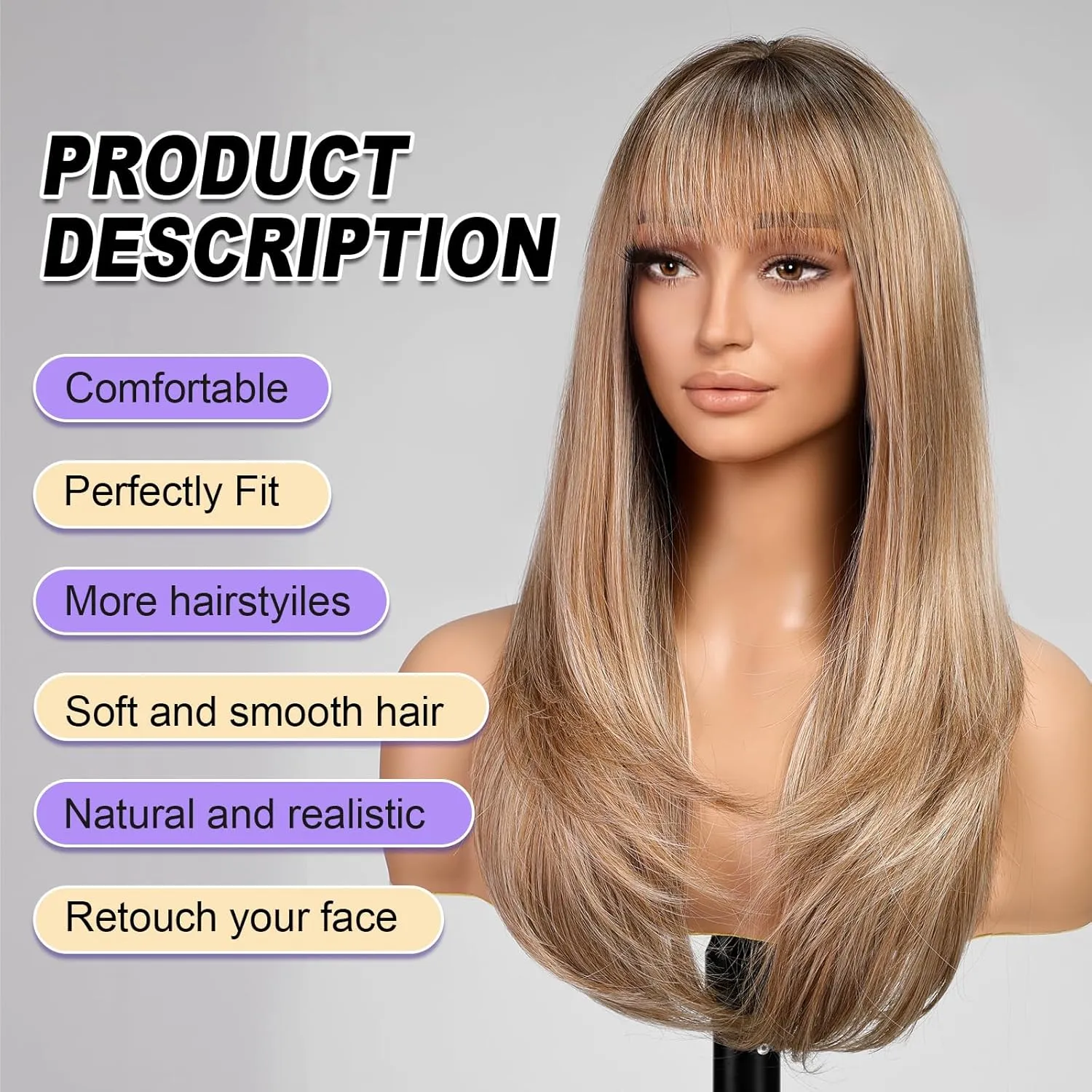 Ash Blonde Long Layered Wig with Bangs,Straight Hair Wigs for Women,Synthetic Heat Resistant Natural Looking Hair Wig for Party Cosplay Dality Use…