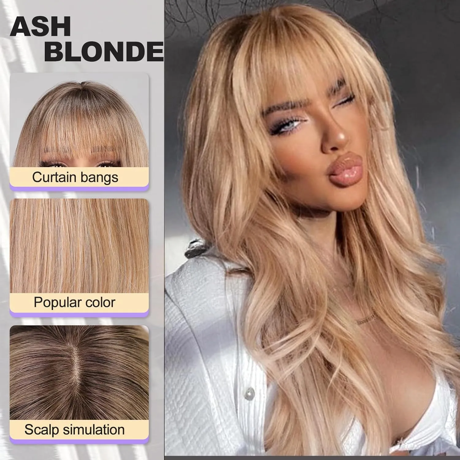 Ash Blonde Long Layered Wig with Bangs,Straight Hair Wigs for Women,Synthetic Heat Resistant Natural Looking Hair Wig for Party Cosplay Dality Use…