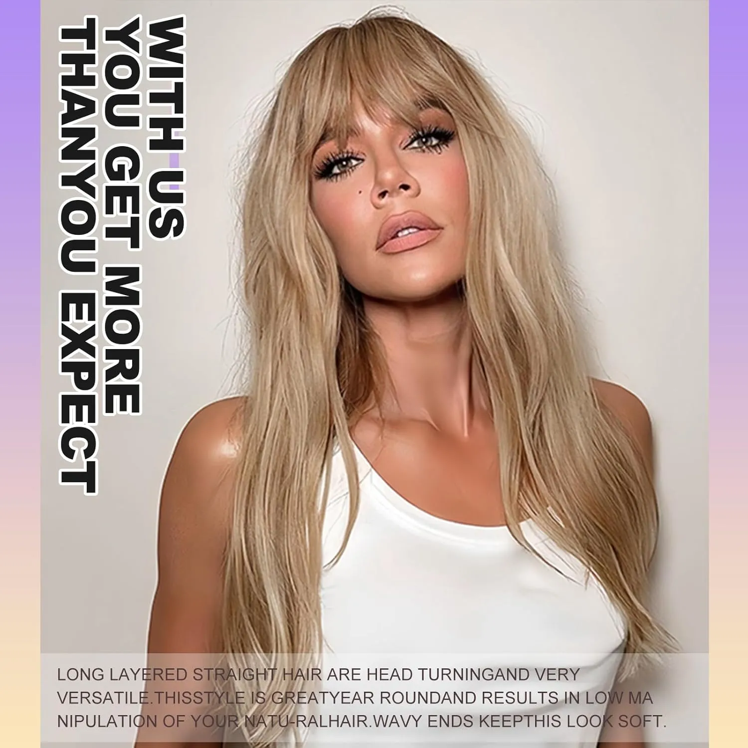 Ash Blonde Long Layered Wig with Bangs,Straight Hair Wigs for Women,Synthetic Heat Resistant Natural Looking Hair Wig for Party Cosplay Dality Use…