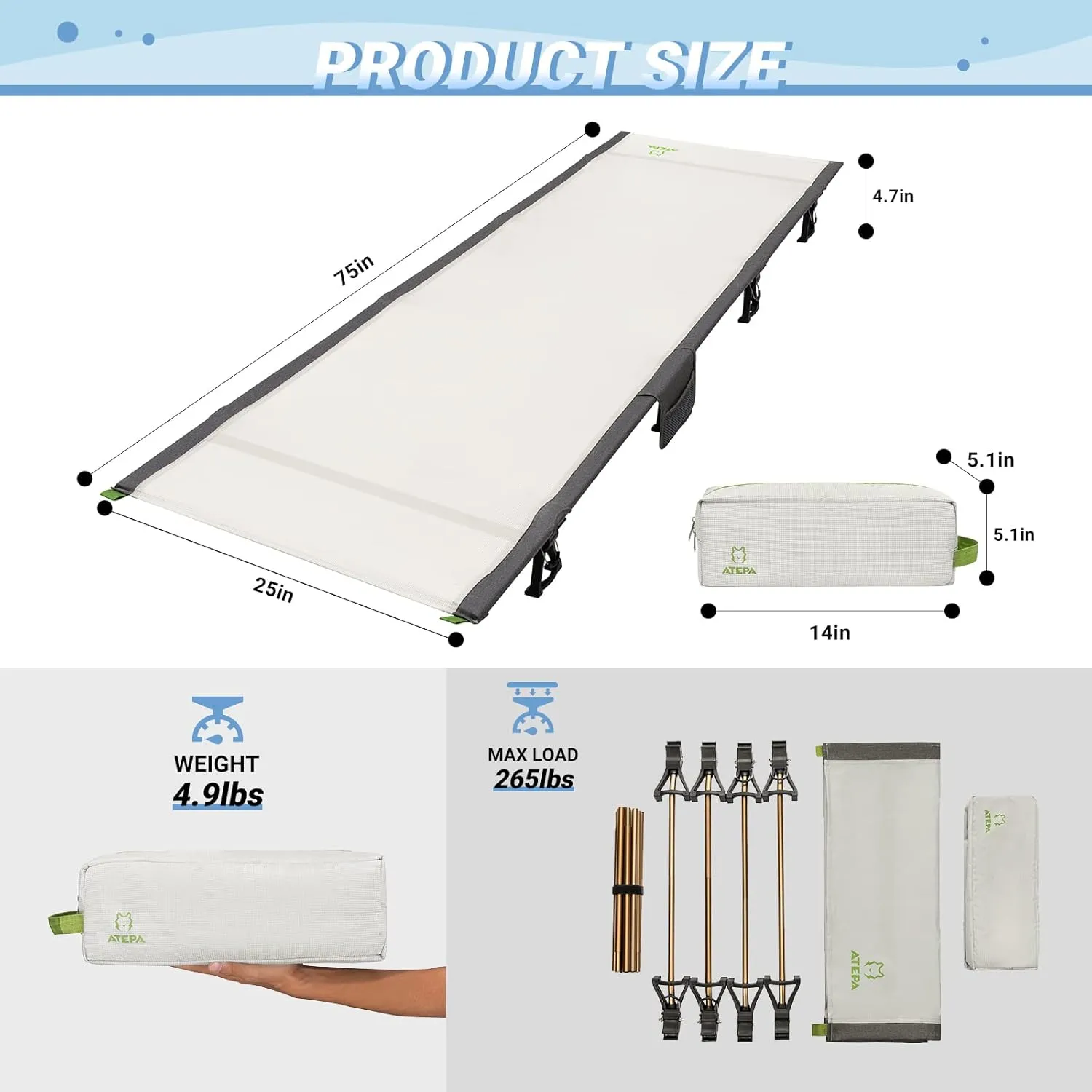 ATEPA Backpack Camping Cot for Adult Heavy Duty Sleeping Cot with Carry Bag Ultralight Folding Tent Camping Cot Bed for Outdoor Travel Hiking Camp Backpack Camping Bed Nap
