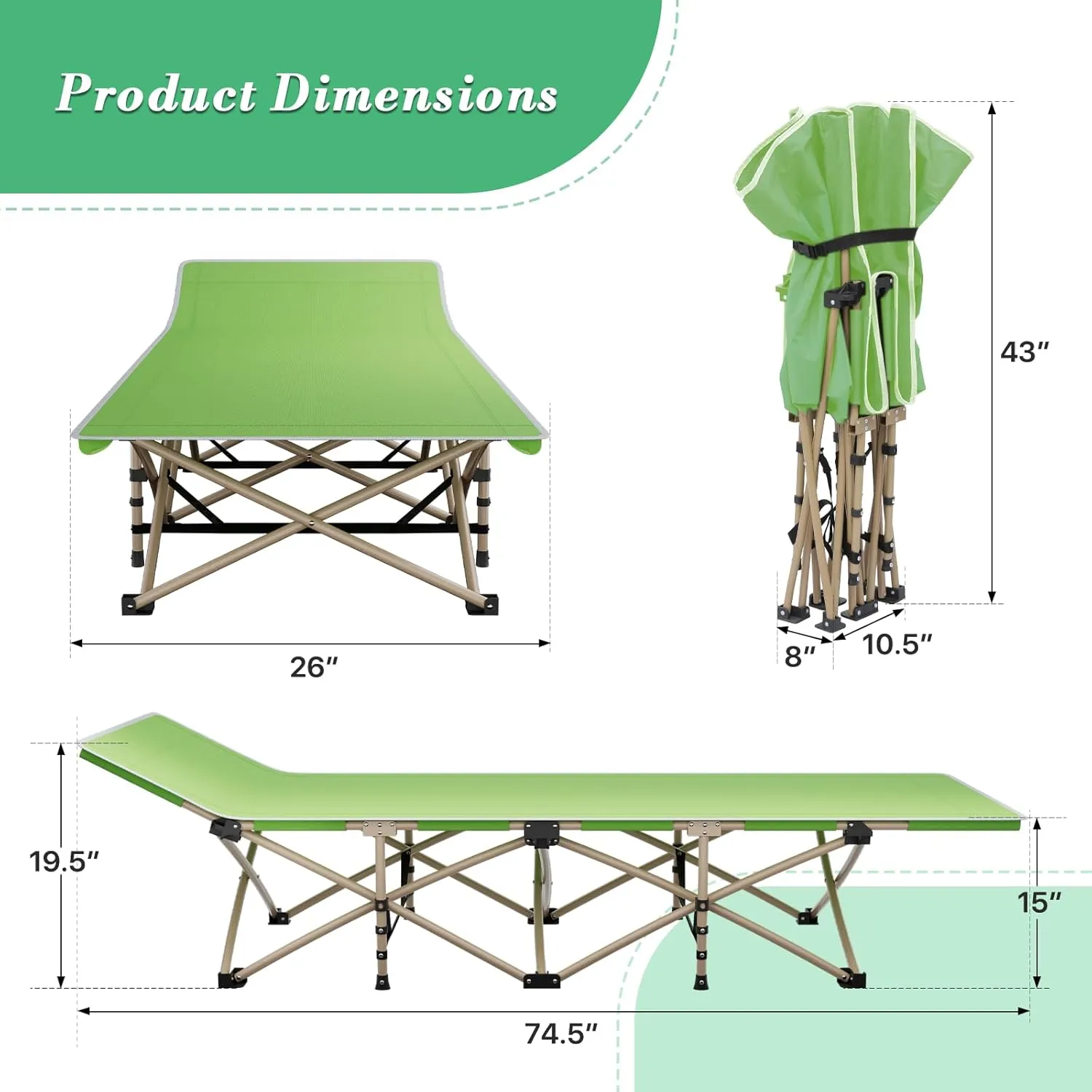 Athena Collection Cot for Adult Sleeping Camping Cot Bed with Side Pocket and Pillow, Heavy Duty Oxford Folding Cot Portable Space Saving Bed for Camping Outdoor Home Travel Support 360lbs Green