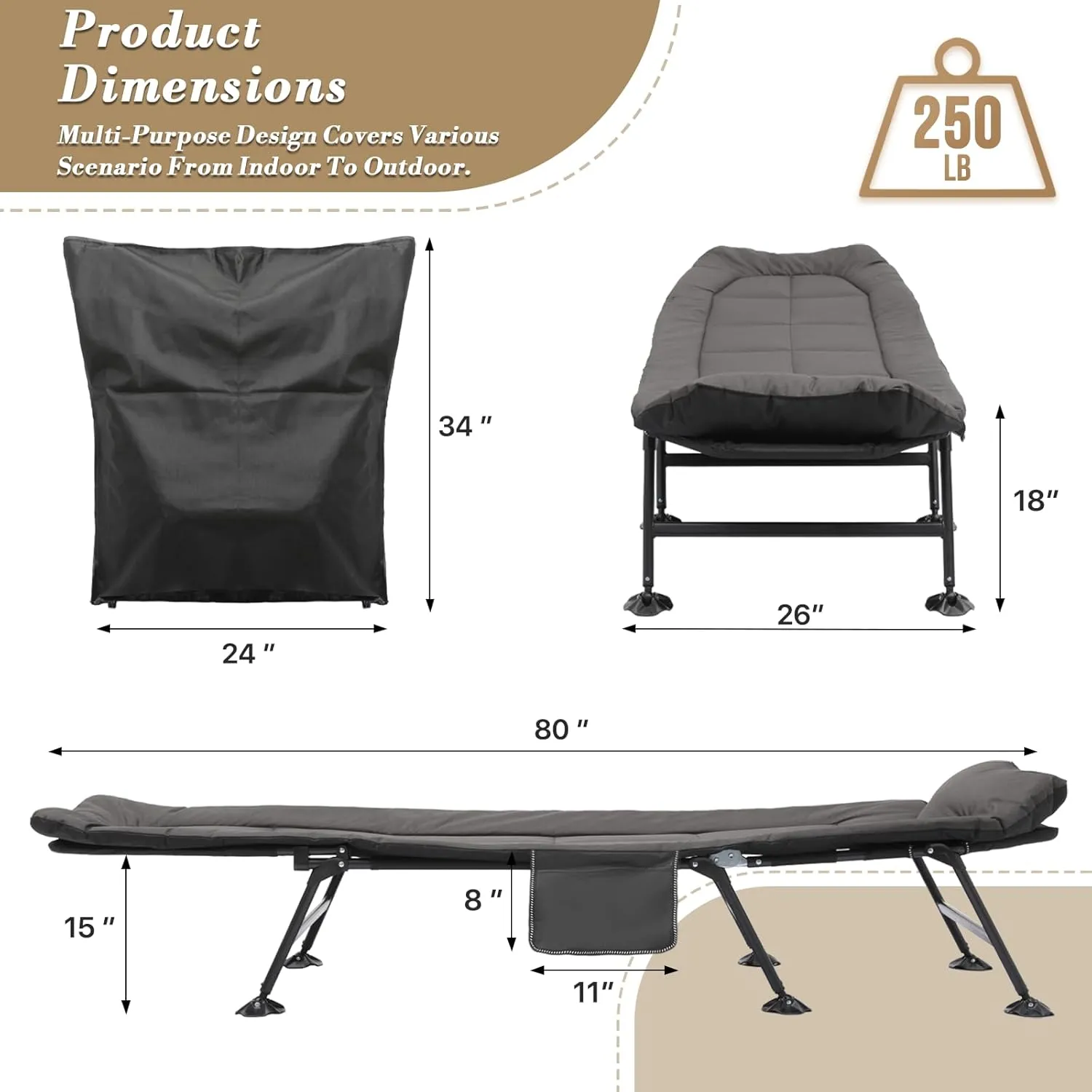 Athena Collection Folding Camping Cot with Mattress, 180° Adjustable Heavy Duty Camping Cot Sleeping Bed for Home Outdoor Travel, Portable Camping Bed with Pillow and Side Pocket for Adults