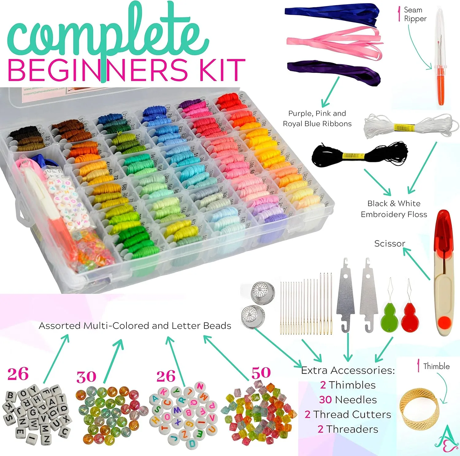 Athena's Elements - Embroidery Floss - 276 Pcs Cross Stitch Thread and Accessories - Perfect for Bracelet Making & DIY Embroidery Projects | Bonus Accessories Included