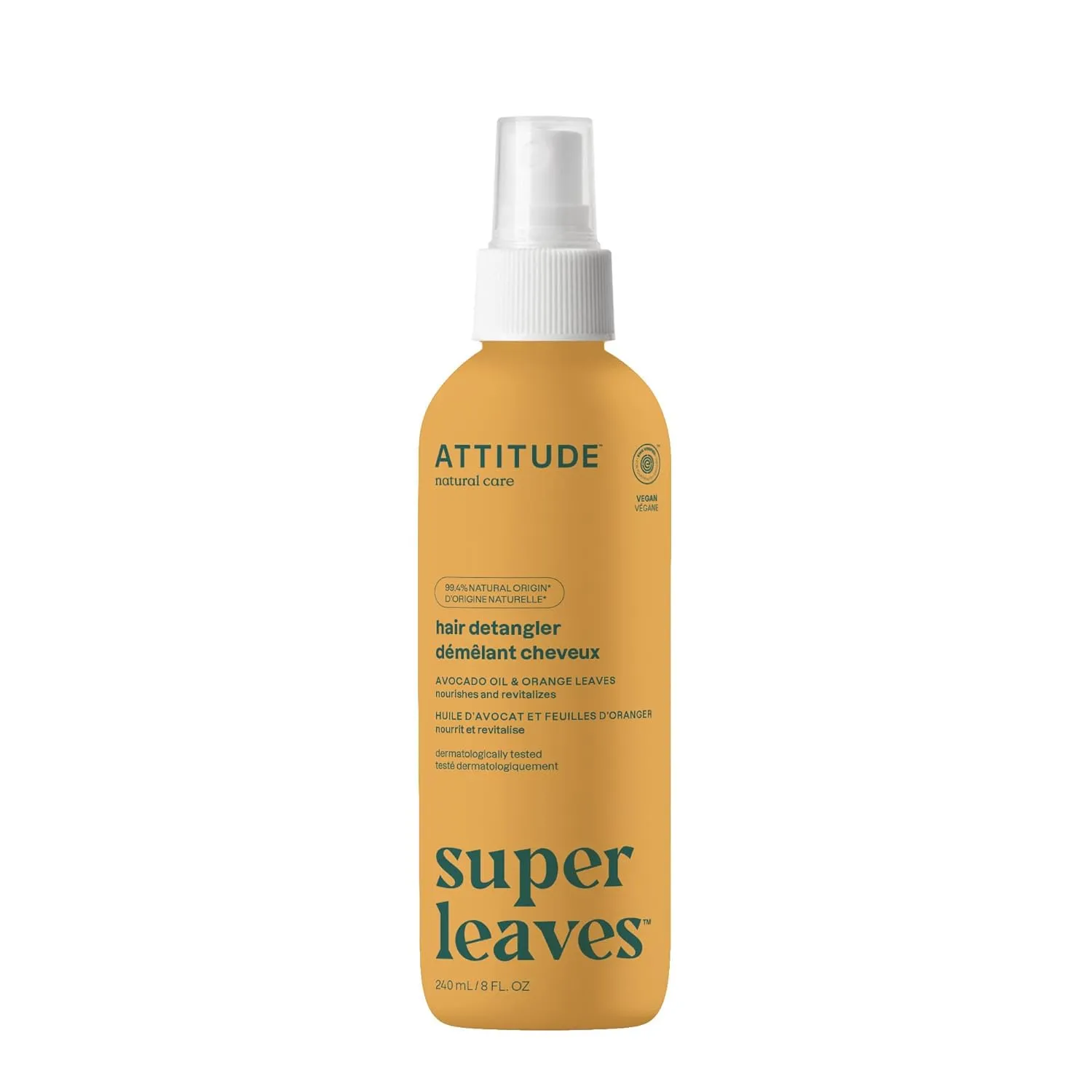 ATTITUDE Detangling Spray, EWG Verified, Plant-Based Ingredients, Dermatologically Tested, Vegan, Orange Leaves, 8 Fl Oz