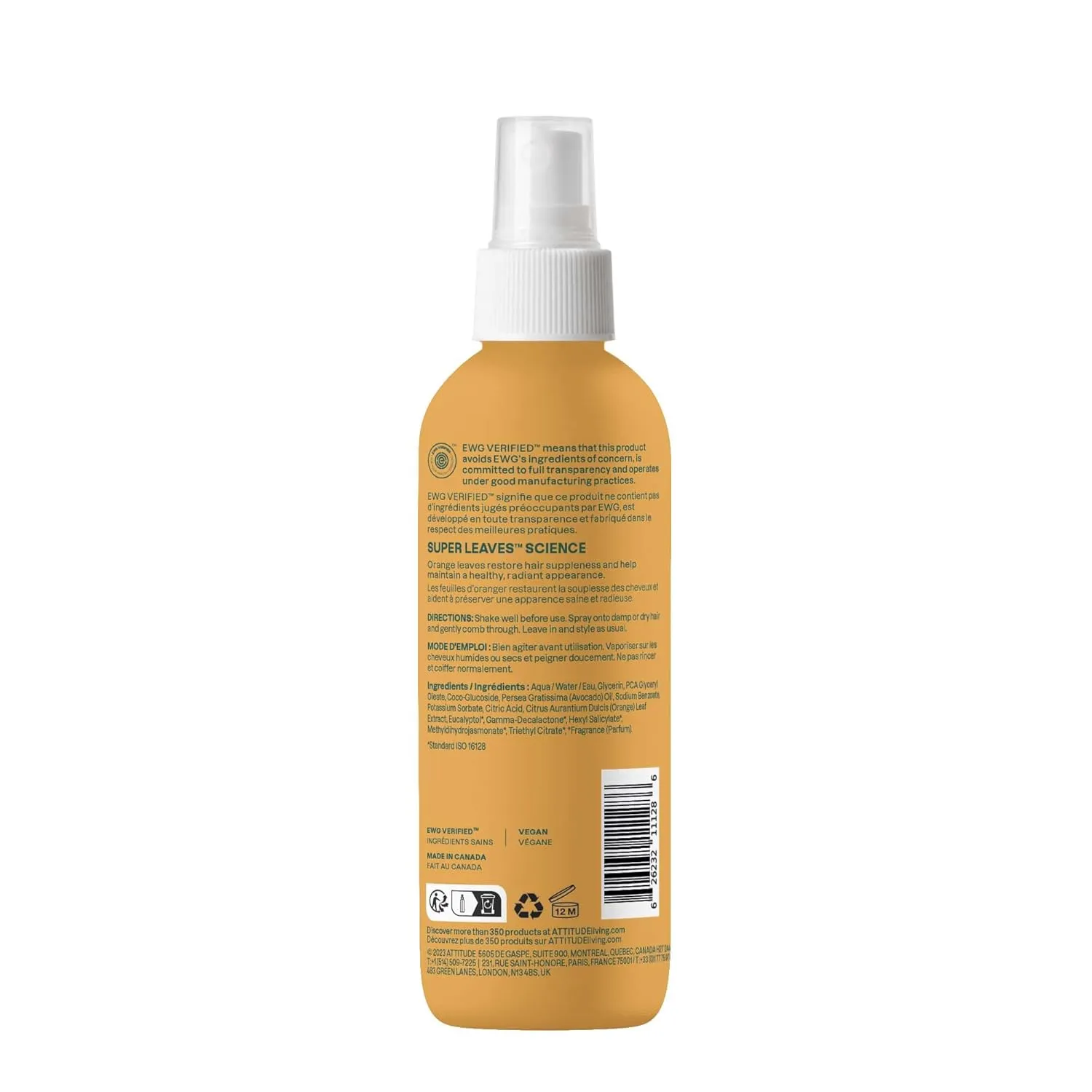 ATTITUDE Detangling Spray, EWG Verified, Plant-Based Ingredients, Dermatologically Tested, Vegan, Orange Leaves, 8 Fl Oz