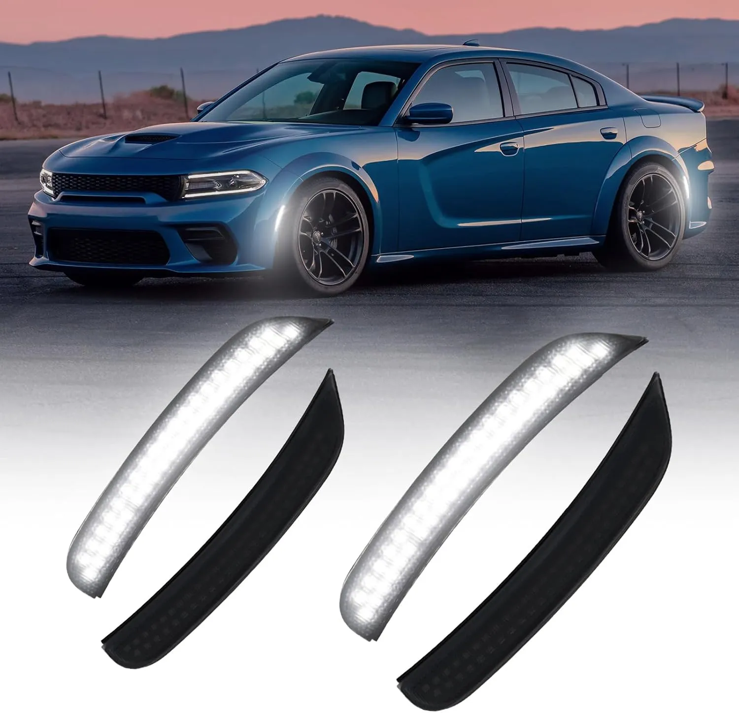 AUTOONE LED Side Marker Lights White Compatible With Dodge Charger 2015-2023, White Front & Rear Bumper Marker Lamps Smoked Len, 4PCS