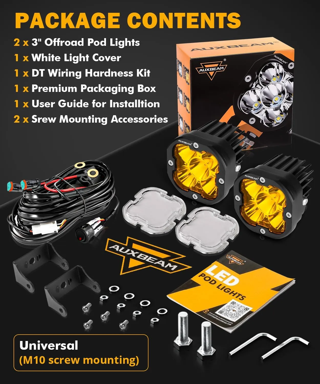 Auxbeam 3 inch LED Pods, 80W 9600LM Hyperspot Offroad LED Cube Light, XP-Ultra Series 30° Focused White Spot Light & Amber Fog Lights Universal Auxiliary Driving Lights for Trucks ATV UTV Jeep