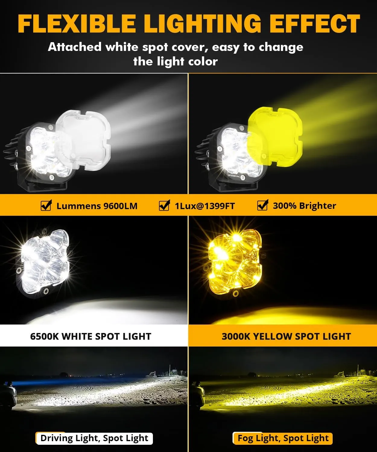 Auxbeam 3 inch LED Pods, 80W 9600LM Hyperspot Offroad LED Cube Light, XP-Ultra Series 30° Focused White Spot Light & Amber Fog Lights Universal Auxiliary Driving Lights for Trucks ATV UTV Jeep