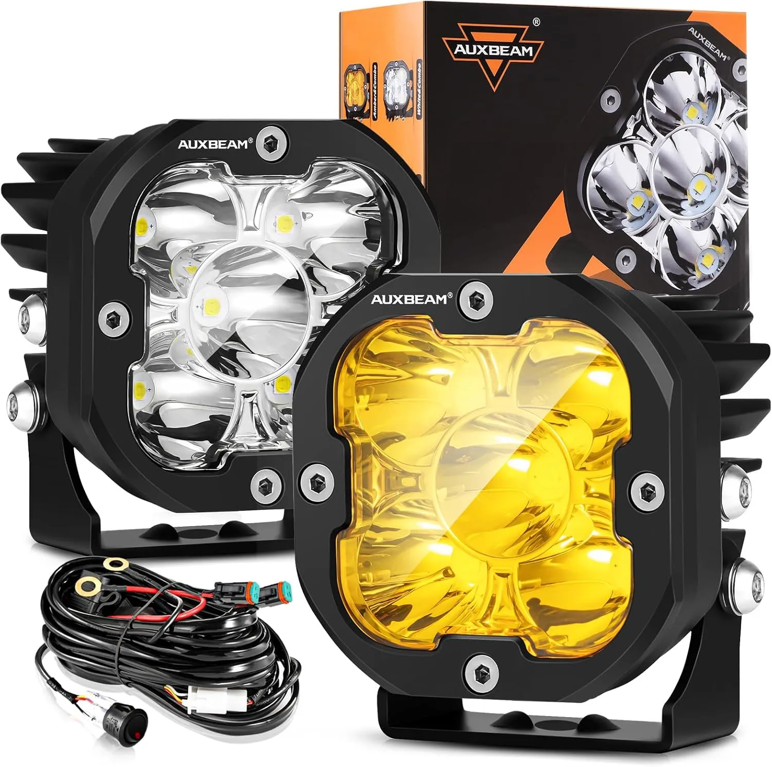 Auxbeam 3 inch LED Pods, 80W 9600LM Hyperspot Offroad LED Cube Light, XP-Ultra Series 30° Focused White Spot Light & Amber Fog Lights Universal Auxiliary Driving Lights for Trucks ATV UTV Jeep