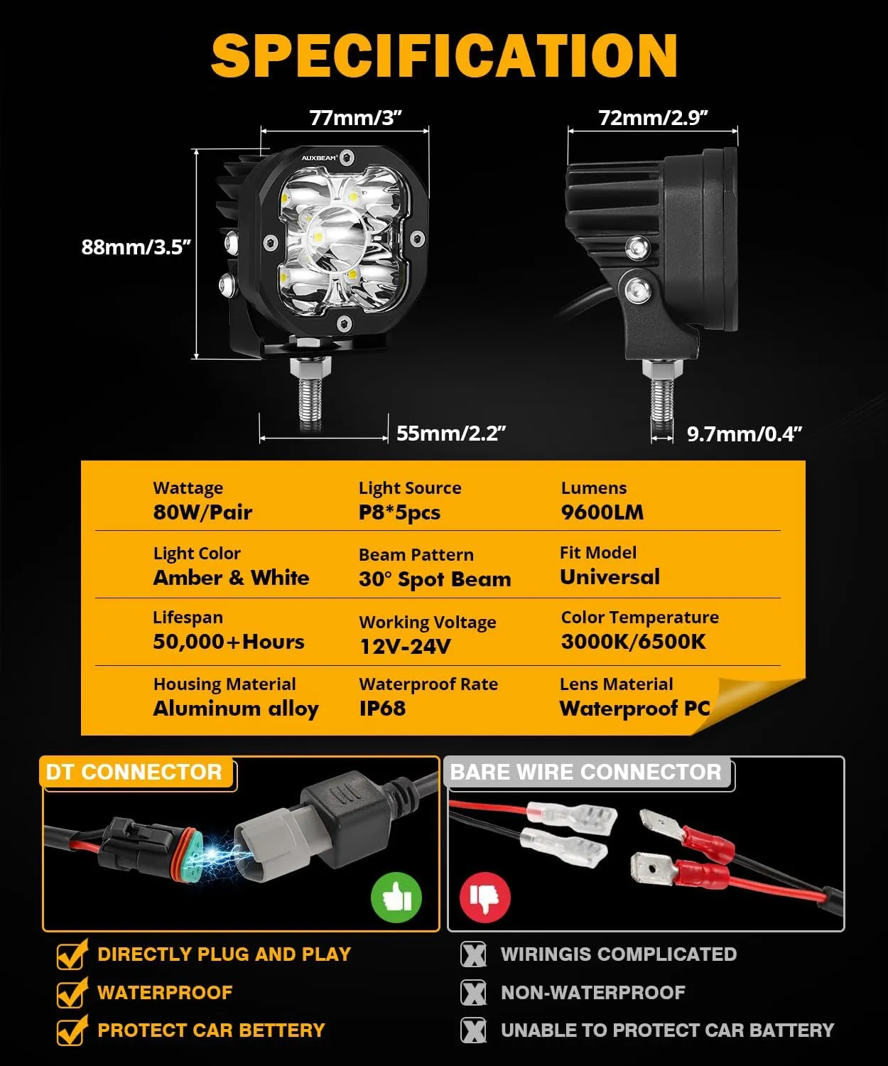 Auxbeam 3 inch LED Pods, 80W 9600LM Hyperspot Offroad LED Cube Light, XP-Ultra Series 30° Focused White Spot Light & Amber Fog Lights Universal Auxiliary Driving Lights for Trucks ATV UTV Jeep