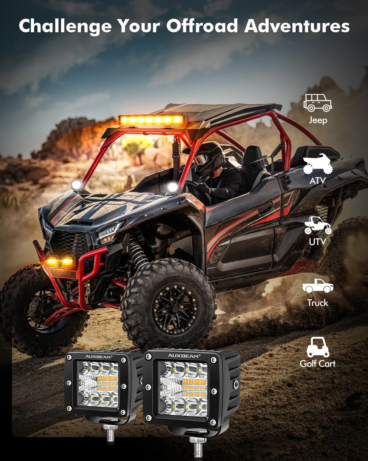 Auxbeam 6 Modes Amber White Series, 3Inch 72W LED Cubes Dual Color Off-Road Strobe Lights, Flood Spot Combo Offroad Fog Ditch Lights Flashing Warning Hood Bumper Roof, Pair