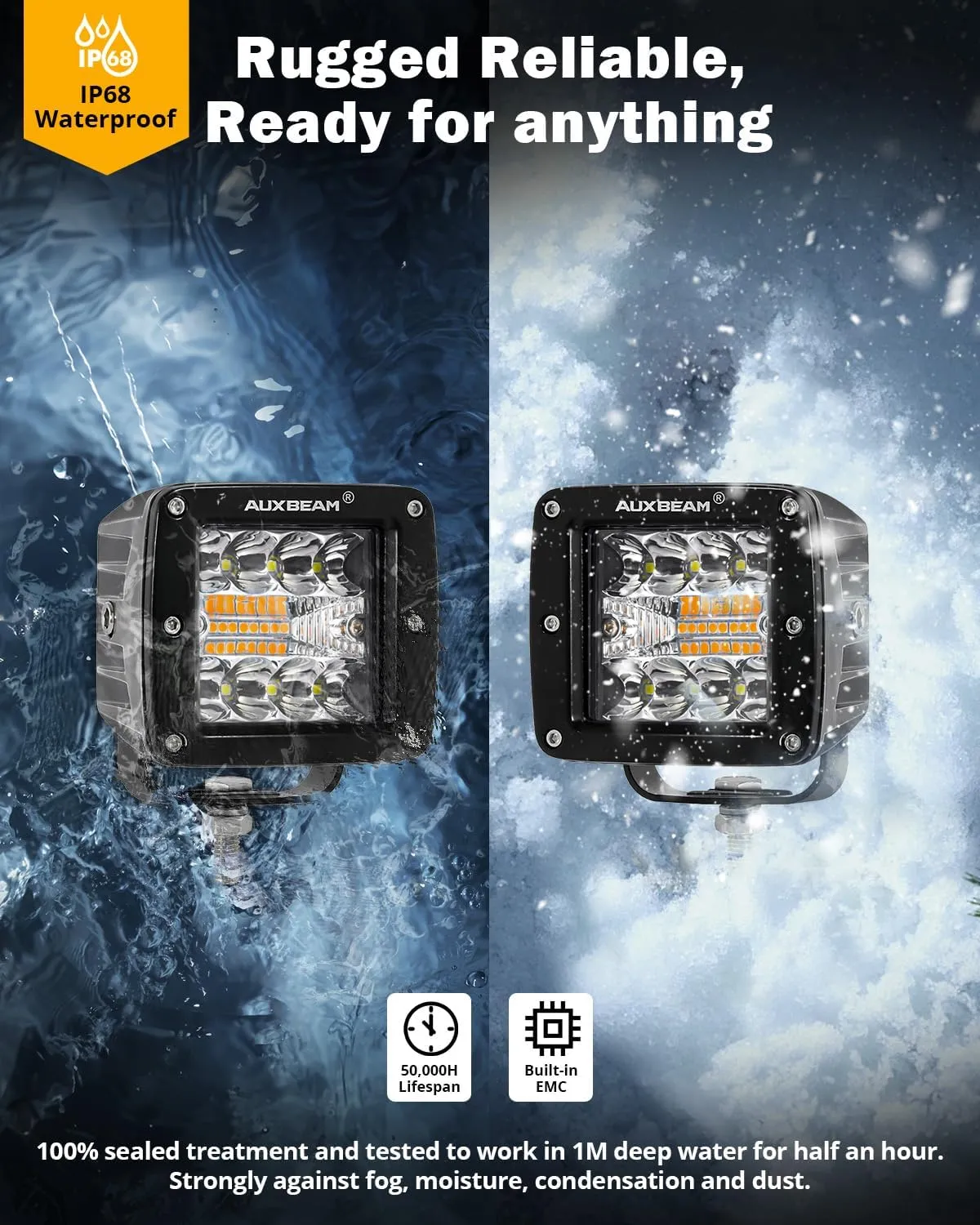 Auxbeam 6 Modes Amber White Series, 3Inch 72W LED Cubes Dual Color Off-Road Strobe Lights, Flood Spot Combo Offroad Fog Ditch Lights Flashing Warning Hood Bumper Roof, Pair
