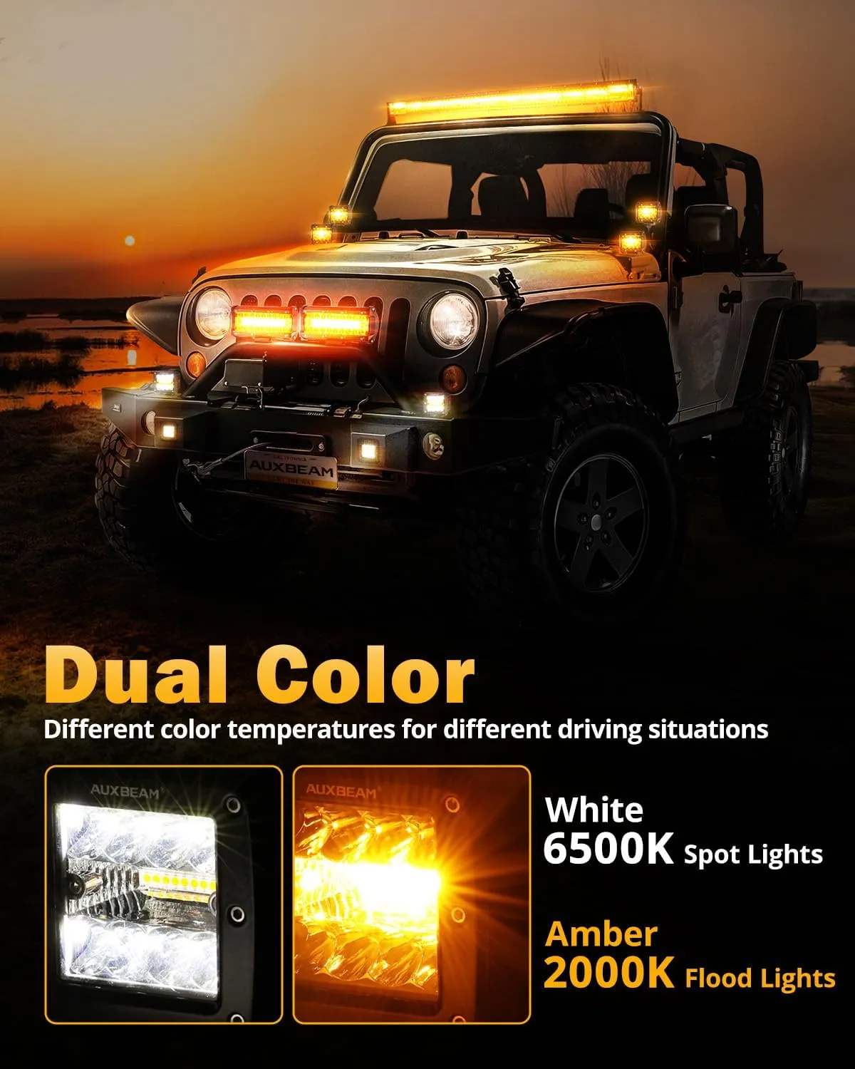 Auxbeam 6 Modes Amber White Series, 3Inch 72W LED Cubes Dual Color Off-Road Strobe Lights, Flood Spot Combo Offroad Fog Ditch Lights Flashing Warning Hood Bumper Roof, Pair
