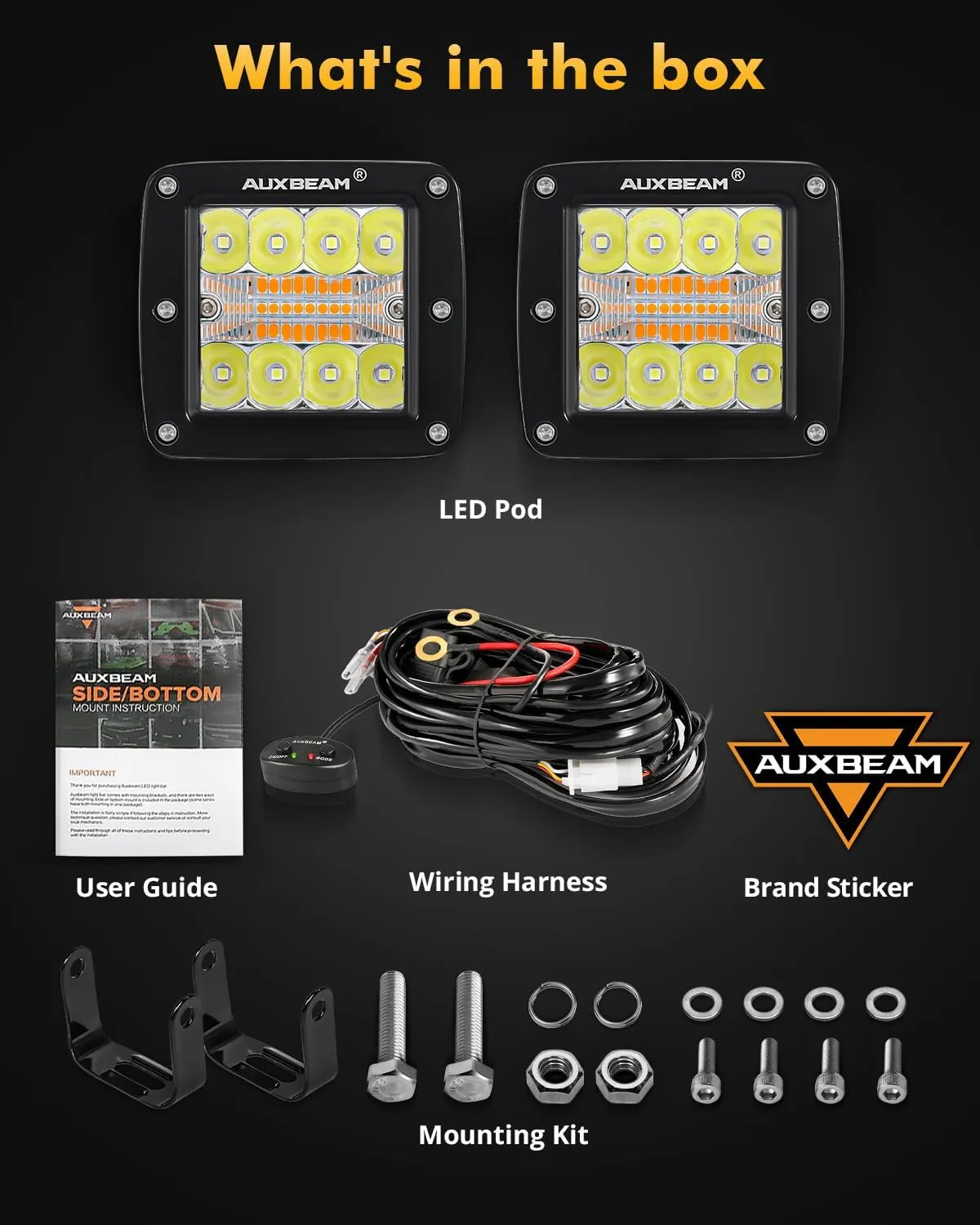 Auxbeam 6 Modes Amber White Series, 3Inch 72W LED Cubes Dual Color Off-Road Strobe Lights, Flood Spot Combo Offroad Fog Ditch Lights Flashing Warning Hood Bumper Roof, Pair