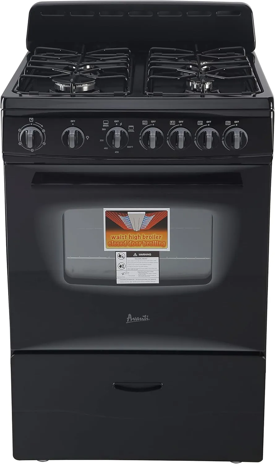 Avanti GR2415CB Gas Range Oven Compact Freestanding Design, 4 Sealed Burners with Electronic Ignition, 2.6 Cu.Ft. Capacity Features Storage Drawer Broiler and Accessories, 24-Inch, Black