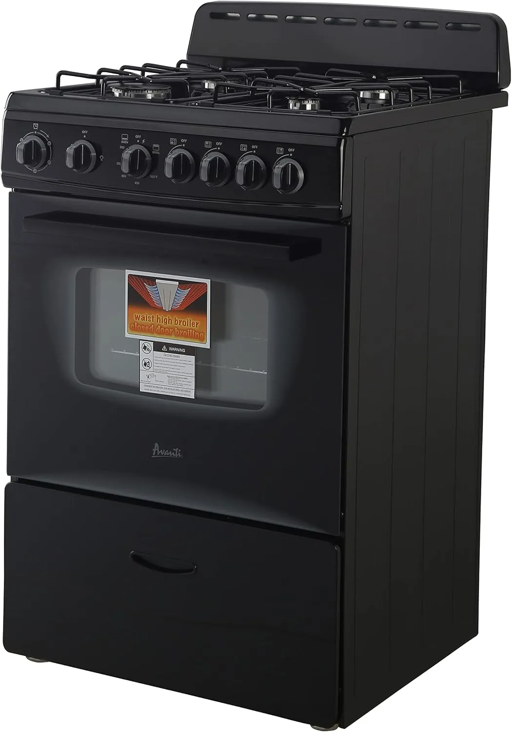 Avanti GR2415CB Gas Range Oven Compact Freestanding Design, 4 Sealed Burners with Electronic Ignition, 2.6 Cu.Ft. Capacity Features Storage Drawer Broiler and Accessories, 24-Inch, Black