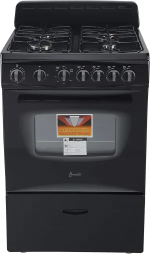 Avanti GR2415CB Gas Range Oven Compact Freestanding Design, 4 Sealed Burners with Electronic Ignition, 2.6 Cu.Ft. Capacity Features Storage Drawer Broiler and Accessories, 24-Inch, Black