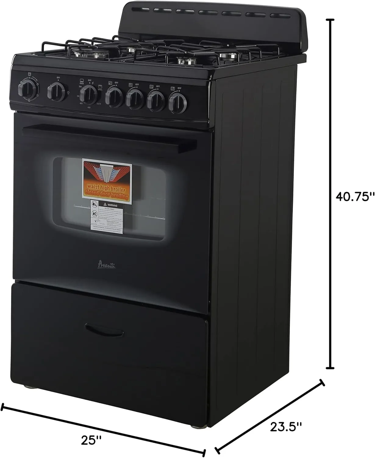 Avanti GR2415CB Gas Range Oven Compact Freestanding Design, 4 Sealed Burners with Electronic Ignition, 2.6 Cu.Ft. Capacity Features Storage Drawer Broiler and Accessories, 24-Inch, Black