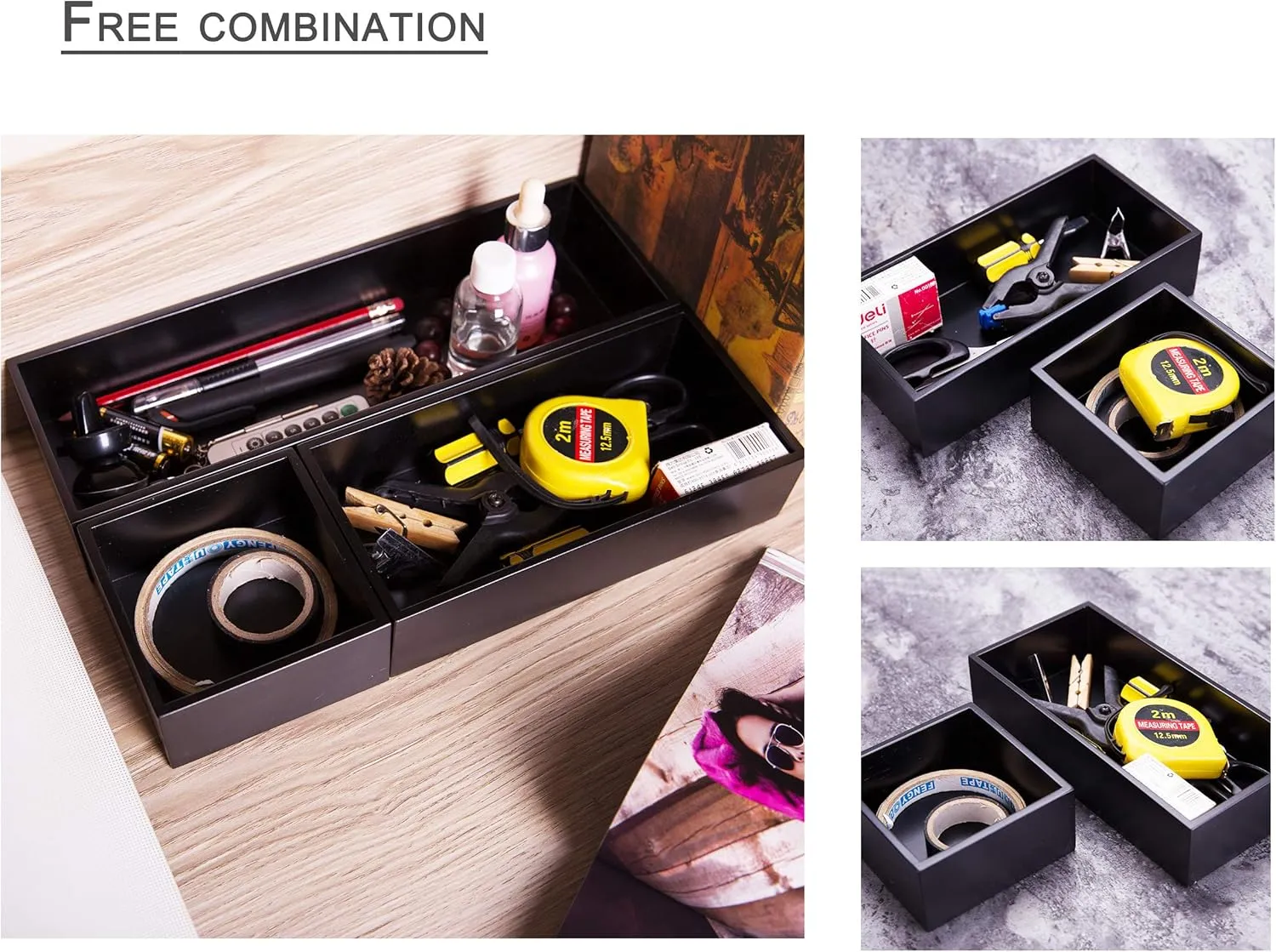 Bamboo Drawer Organizer Box for Office Home Black Orgnizer Boxes Office Organizer Boxes, Black 12"*4"