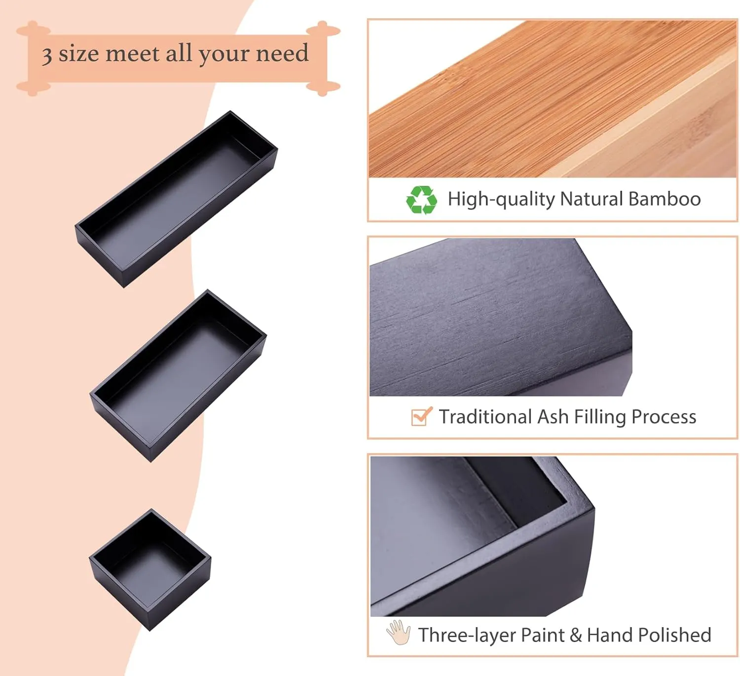 Bamboo Drawer Organizer Box for Office Home Black Orgnizer Boxes Office Organizer Boxes, Black 12"*4"