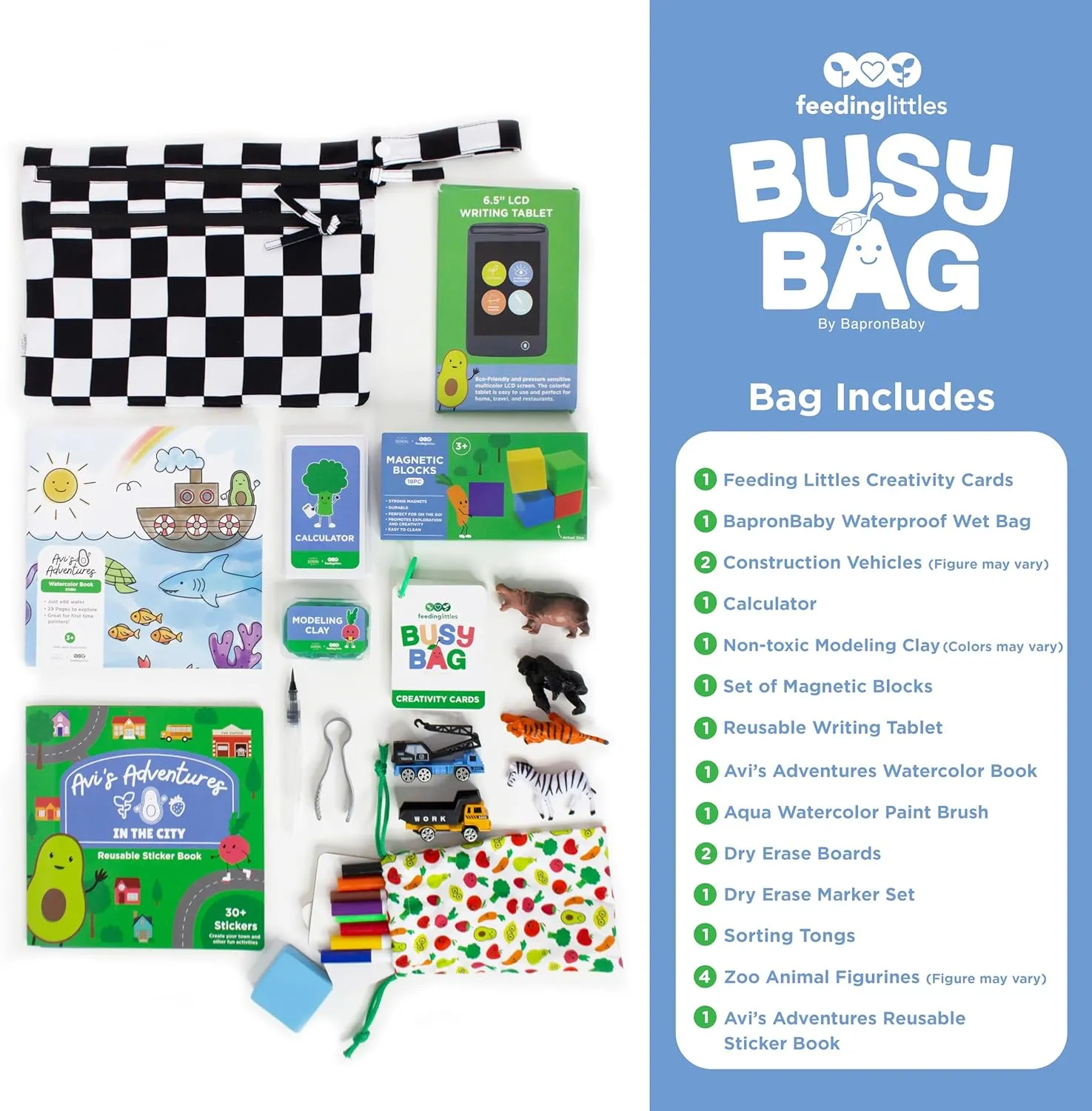 BapronBaby Feeding Littles Busy Bag (Black Checkerboard) - Toddler Travel Activity Kit, Restaurant Activity Kit for Independent and Family-Wide Play, Age 3 