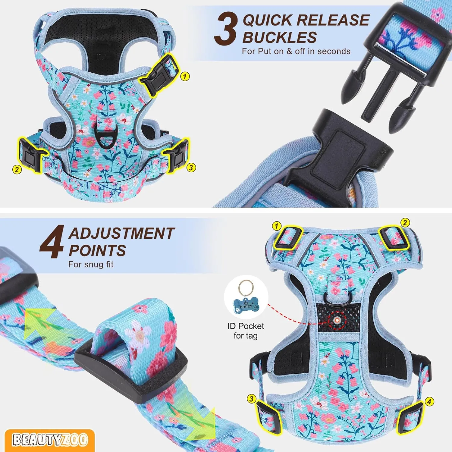 BEAUTYZOO No Pull Dog Harness Medium,Adjustable Dog Harness and Leash Set -Easy Wearing with 3 Buckles/Control Handle,No Choke Soft Padded Reflective Pet Vest for Training Walking Hiking,Blue M
