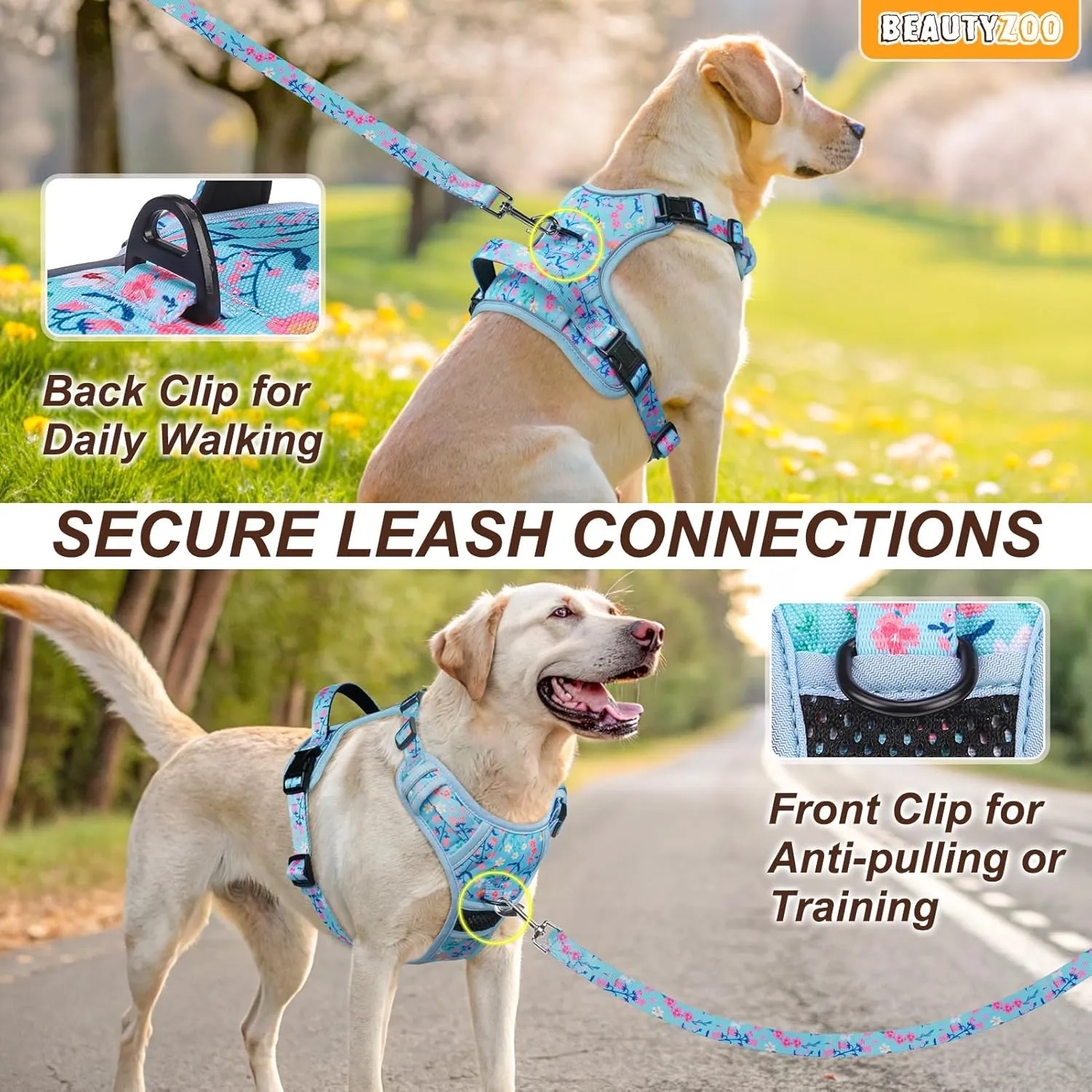BEAUTYZOO No Pull Dog Harness Medium,Adjustable Dog Harness and Leash Set -Easy Wearing with 3 Buckles/Control Handle,No Choke Soft Padded Reflective Pet Vest for Training Walking Hiking,Blue M