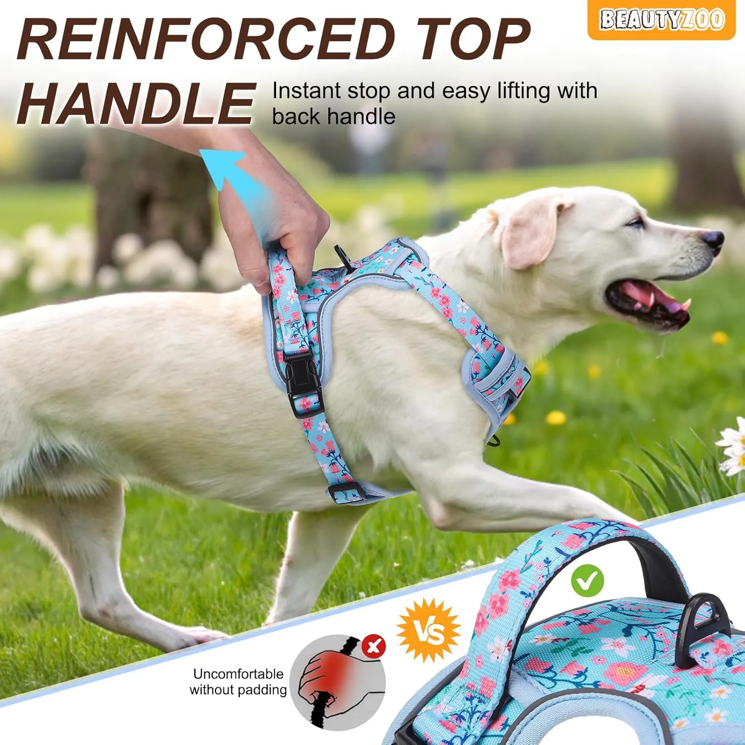 BEAUTYZOO No Pull Dog Harness Medium,Adjustable Dog Harness and Leash Set -Easy Wearing with 3 Buckles/Control Handle,No Choke Soft Padded Reflective Pet Vest for Training Walking Hiking,Blue M