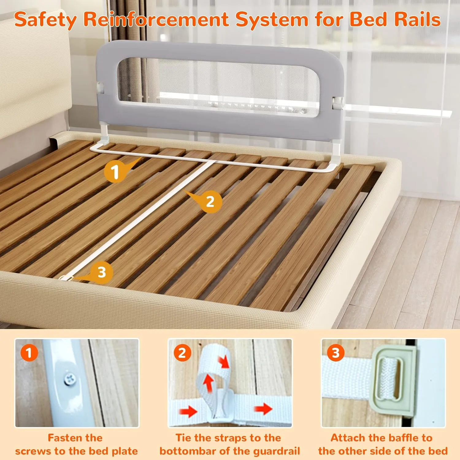 Bed Guard Rail for Toddlers - 32" Adjustable Heights & Folding up Portable Bed Railing for Baby - Toddler Bed Rails Guard for Crib, Twin, Bunk,Full Size, Queen & King Bed(Grey)