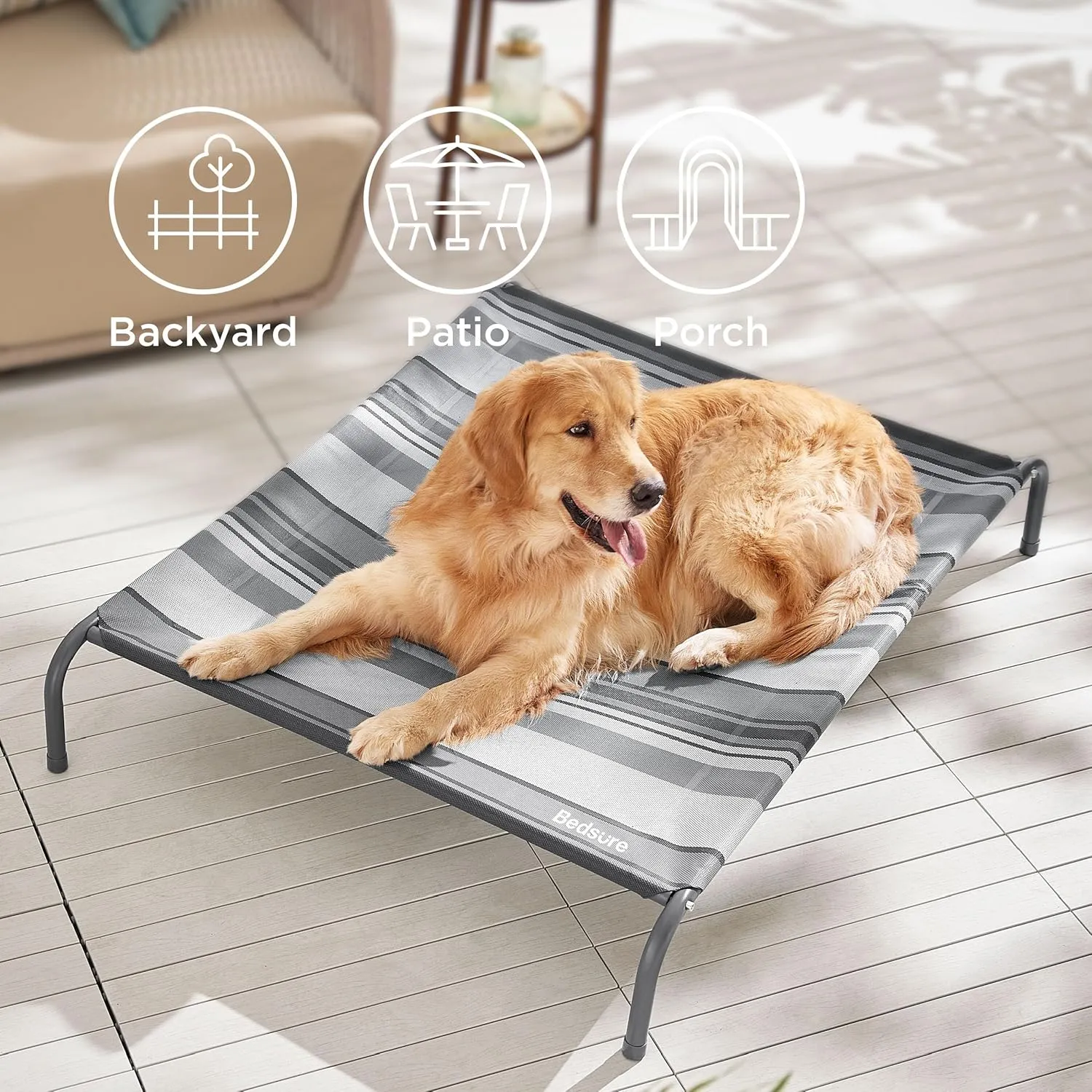 Bedsure Large Elevated Cooling Outdoor Dog Bed - Raised Dog Cot for Large Dogs, Portable Indoor & Outdoor Pet Hammock with Skid-Resistant Feet, Breathable Mesh, Striped Grey, 49 inches